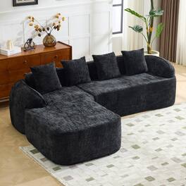 Anysun - Chenille L-Shape Compressed Sofa - High-Elastic Sponge, Curved Armrests & 4 Throw Pillows for Living Room - Black