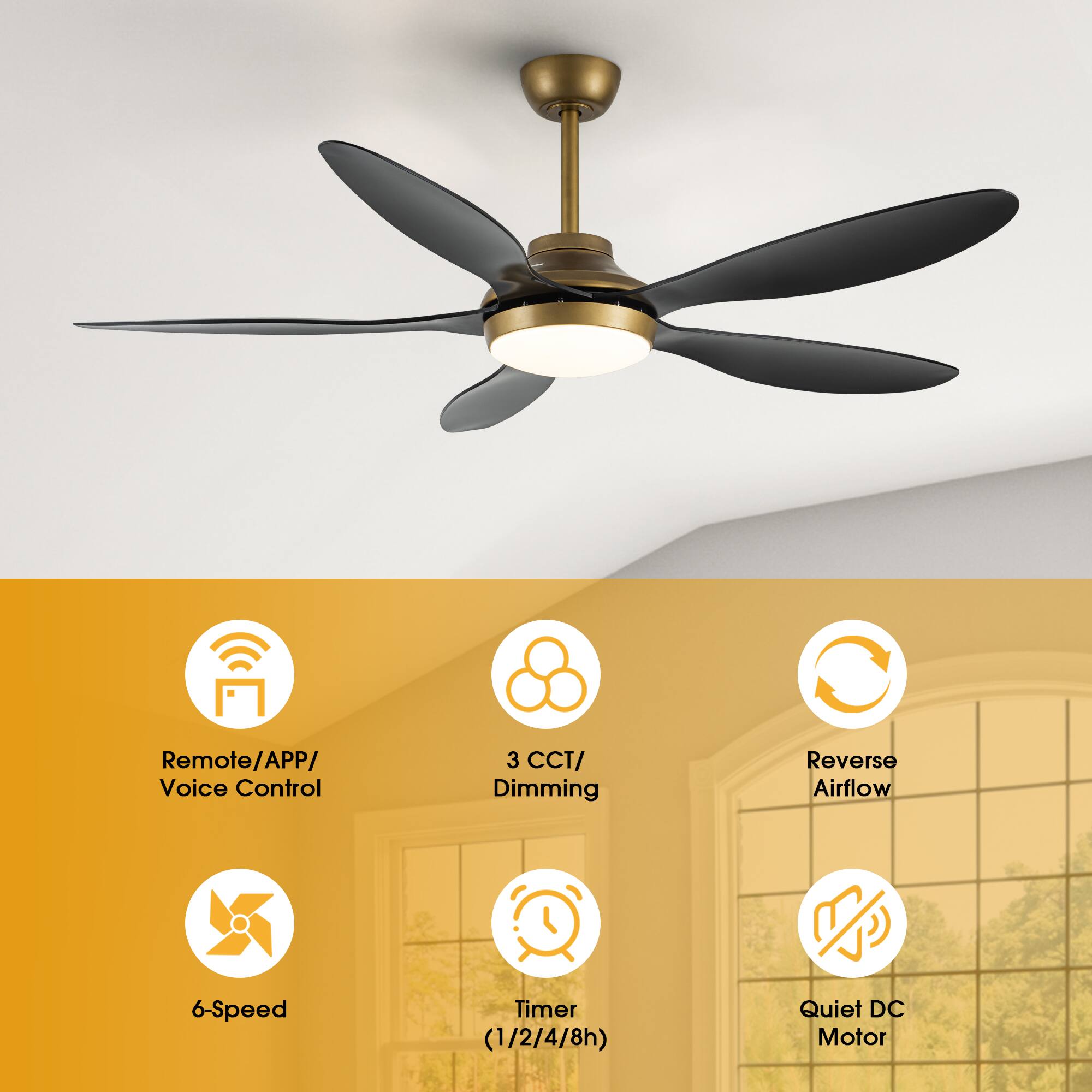 - Remote/APP/ Voice Control
- 3 CCT/ Dimming
- Reverse Airflow
- 6-Speed
- Timer (1/2/4/8h)
- Quiet DC Motor