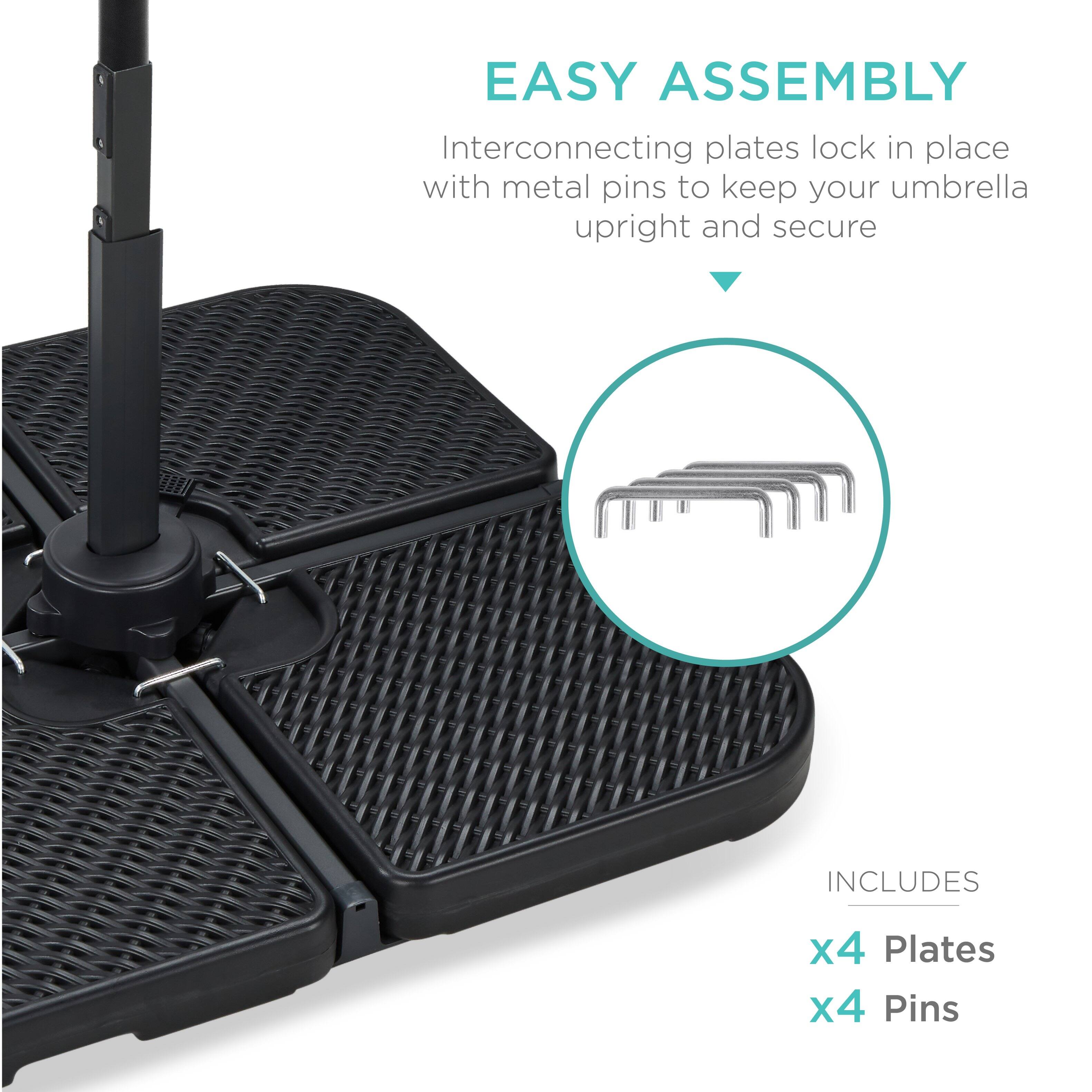 EASY ASSEMBLY  
Interconnecting plates lock in place with metal pins to keep your umbrella upright and secure  

INCLUDES  
x4 Plates  
x4 Pins