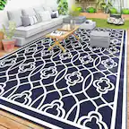 Front. Outsunny - Outdoor Rug for Patio, 9' x 18' Waterproof Large Mat, Reversible Plastic Straw Rug for Décor - Blue and White Lantern.