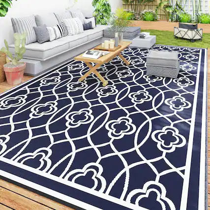 Front. Outsunny - Outdoor Rug for Patio, 9' x 18' Waterproof Large Mat, Reversible Plastic Straw Rug for Décor - Blue and White Lantern.