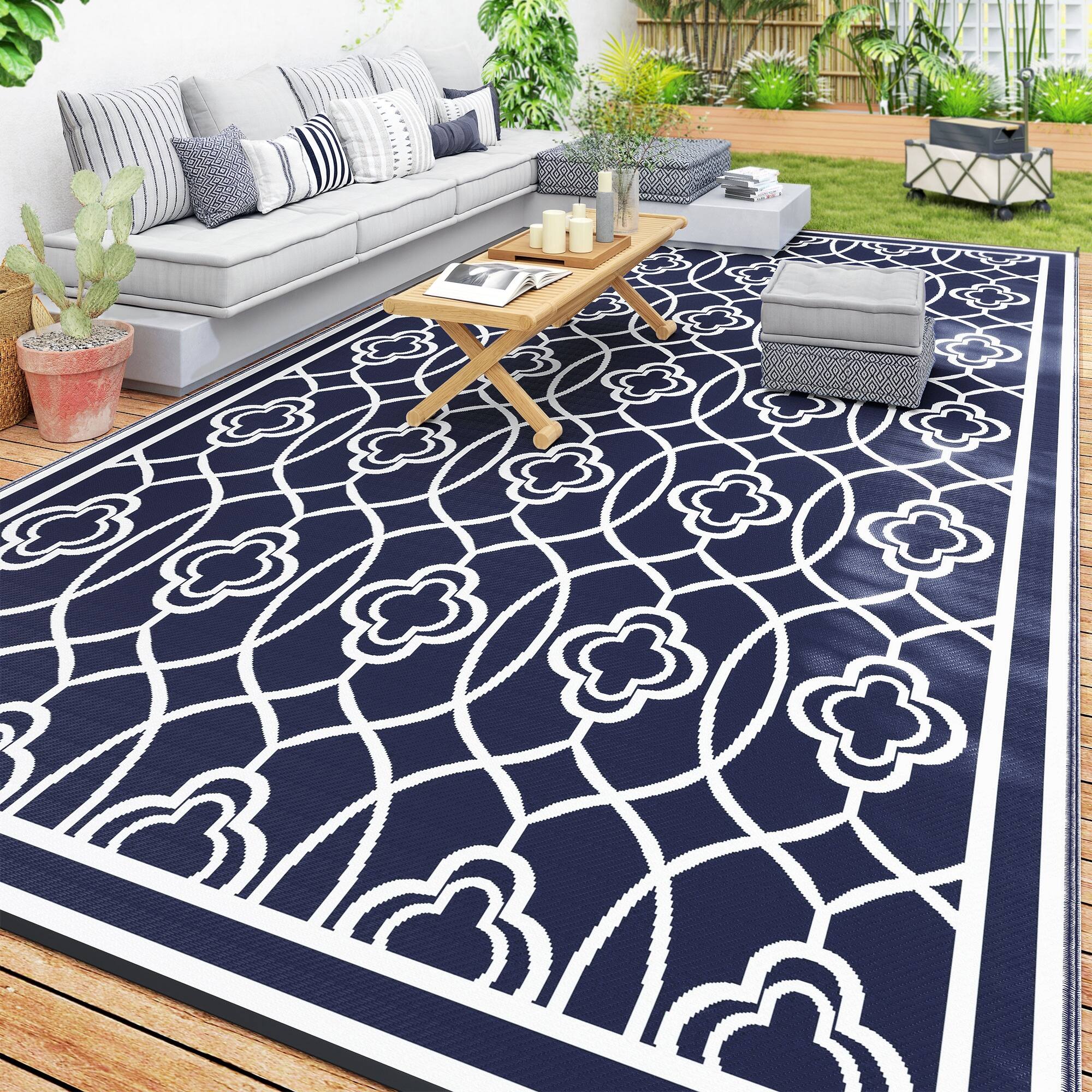 Front. Outsunny - Outdoor Rug for Patio, 9' x 18' Waterproof Large Mat, Reversible Plastic Straw Rug for Décor - Blue and White Lantern.