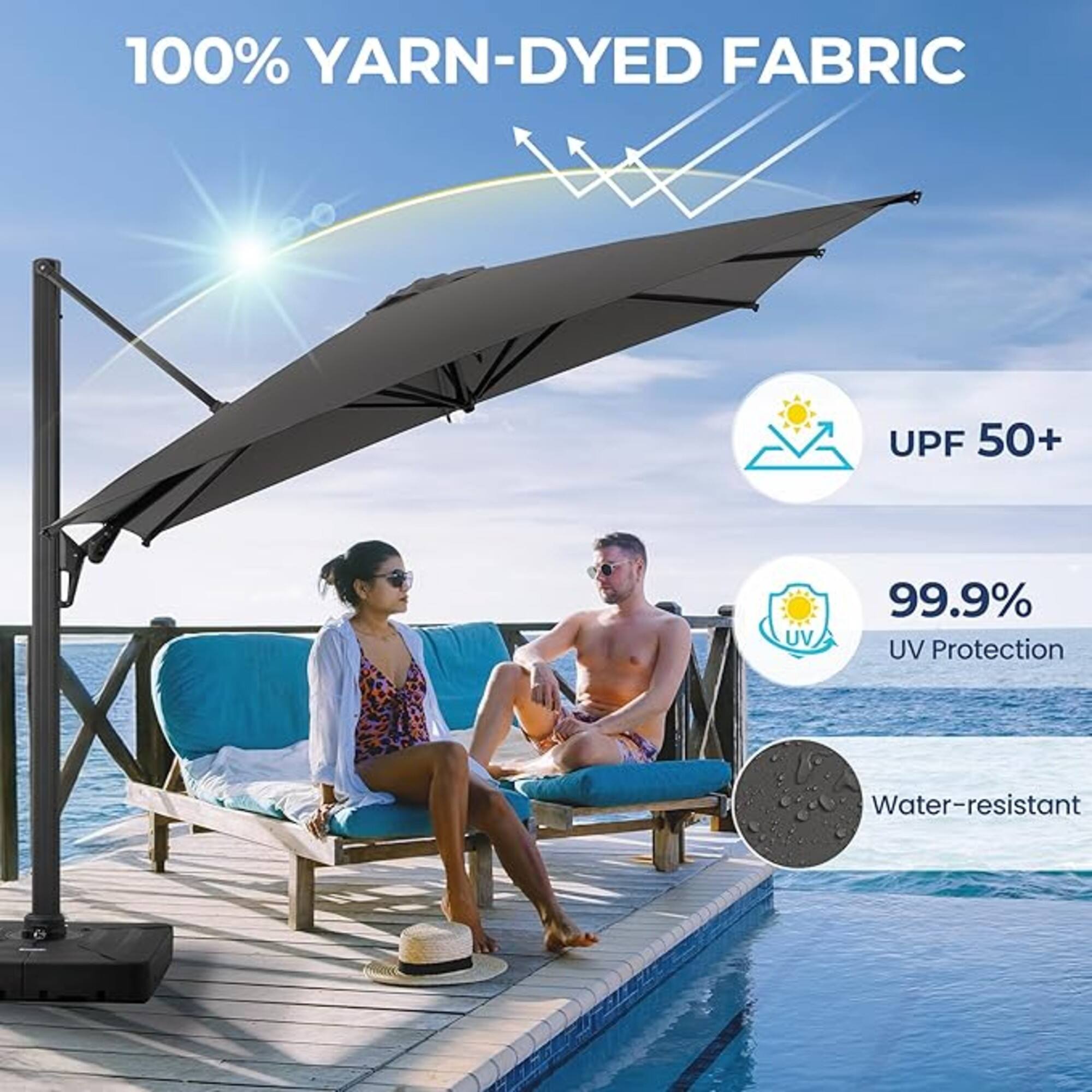 100% YARN-DYED FABRIC  
UPF 50+  
99.9% UV Protection  
Water-resistant
