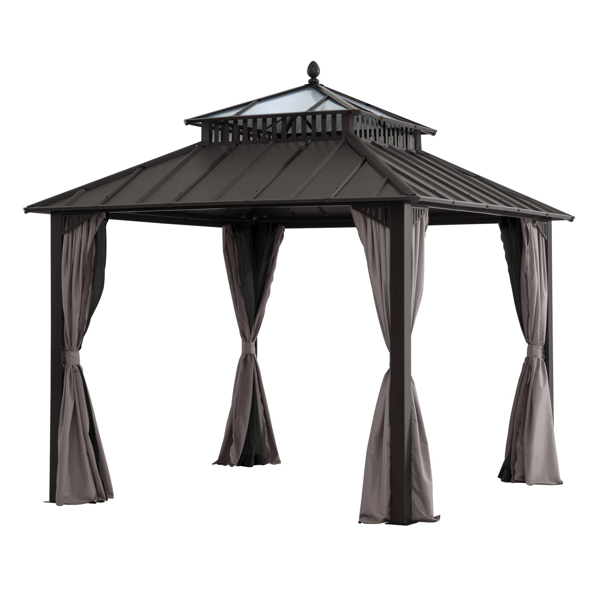 Angle. SUNJOY - SUNJOY Kingston 10x10 Gazebo|Steel & PC Roof Hardtop Gazebo with Curtain and Netting - Brown Aluminum Posts - Brown.