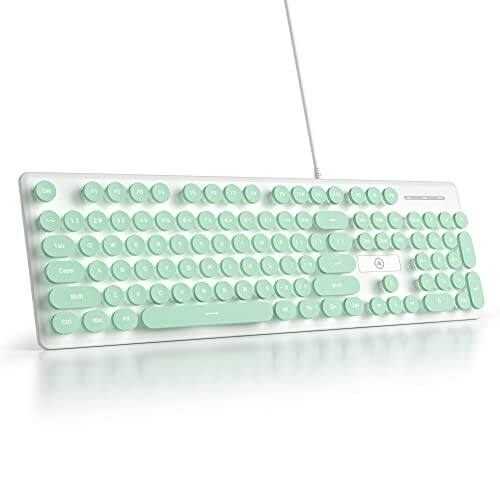 Cedar Assembly - Cute Quiet Wired Typewriter Light Up Backlit Pc Keyboards With Retro Round Keys Full Size 104 For - Green