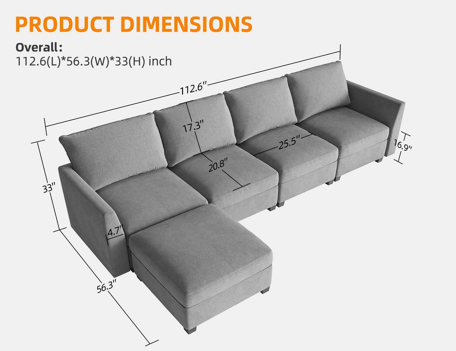 PRODUCT DIMENSIONS

Overall: 112.6(L)*56.3(W)*33(H) inch

- 112.6"
- 56.3"
- 33"
- 17.3"
- 20.8"
- 25.5"
- 16.9"
- 4.7'
