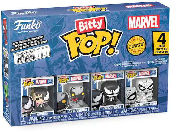 Bitty MARVEL www.funko.com SHELF INCLUDED! ! 4 BITTY DISPLAY BITTY INCLUS SU BITTY! TOP! LIMITED PRSENTOIR PARA CHASE SOPORTE PACK EL BOTE DE INCLUVE EDITION DE ENVASE STACKING SHELF VINYL COLLECTIBLES PC/PZ ETAGERE EMPILABLE FIGURINES A COLLECTIONNER EN VINYLE 1 ESTANTE APILABLE 4PC/PZ COLECCIONABLES DE VINILO Bitty Bitty POP! MARVEL Bitty TOP! MARVEL Bitty POP! MARVEL FOP! MARVEL ARCIEZ SPINER-MAN SHE-VENOM PELIGRO DE ASFIXIA. ANTI-VENOM D'TOUFFEMENT. ! ADVERTENCIA: nios menores de 36 meses. VENOM DANGER No es adecuado para ! ATTENTION: moins de 36 mois. Partes pequeas. HAZARD. aux enfants de WARNING: CHOKING pices. Ne convient pas 36 months. Petites ! children under Not suitable for Small parts.