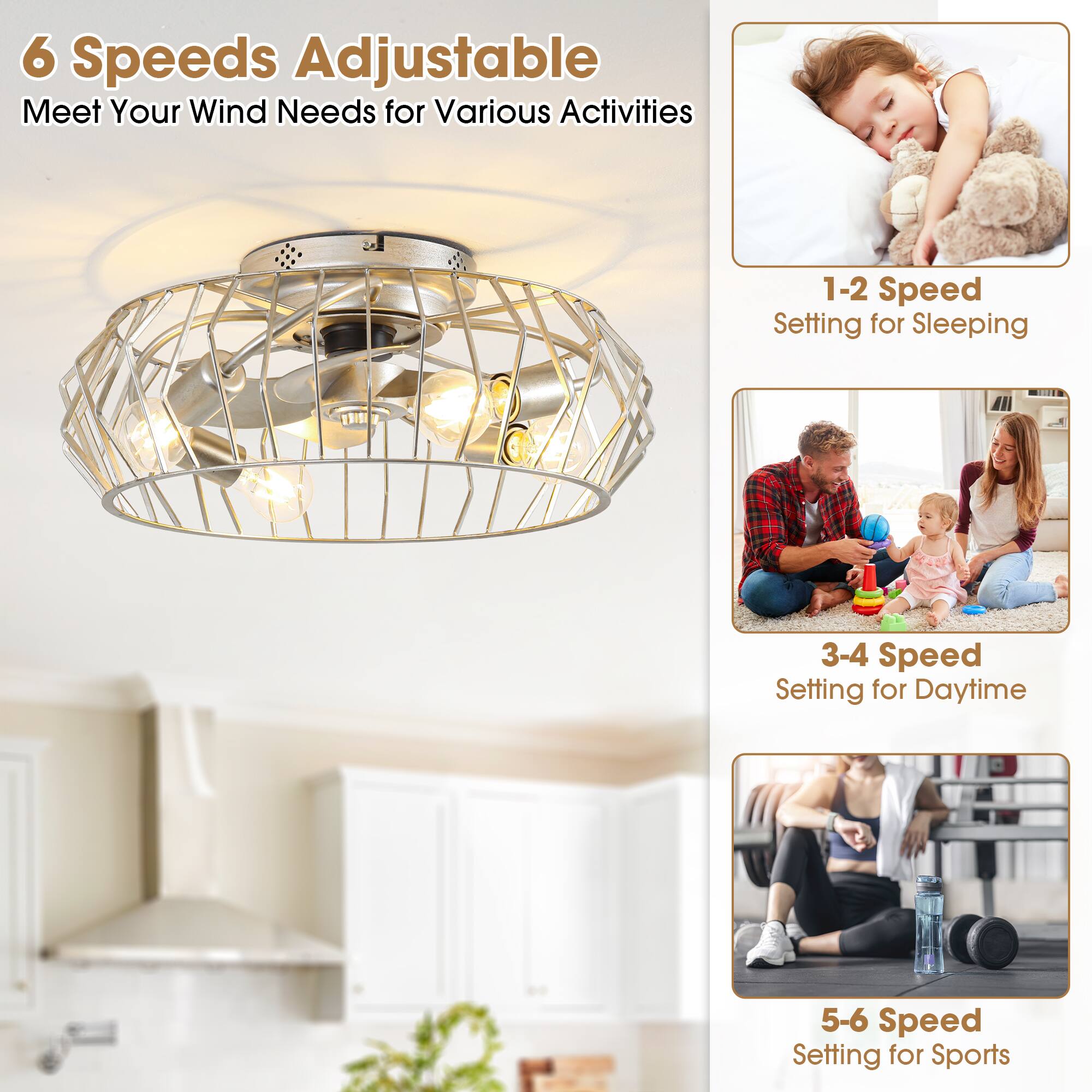 6 Speeds Adjustable  
Meet Your Wind Needs for Various Activities  

1-2 Speed Setting for Sleeping  
3-4 Speed Setting for Daytime  
5-6 Speed Setting for Sports