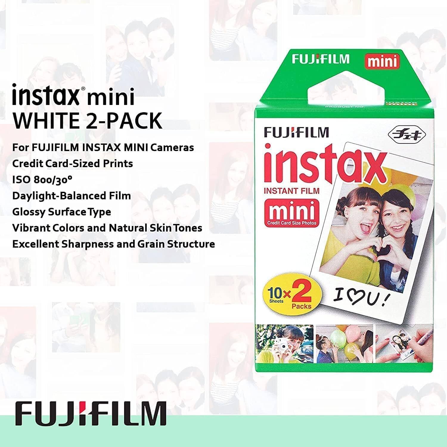 FUJIFILM instax mini WHITE 2-PACK  
For FUJIFILM INSTAX MINI Cameras  
Credit Card-Sized Prints  
ISO 800/30°  
Daylight-Balanced Film  
Glossy Surface Type  
Vibrant Colors and Natural Skin Tones  
Excellent Sharpness and Grain Structure  
10x Sheets 2 Packs  
FUJIFILM