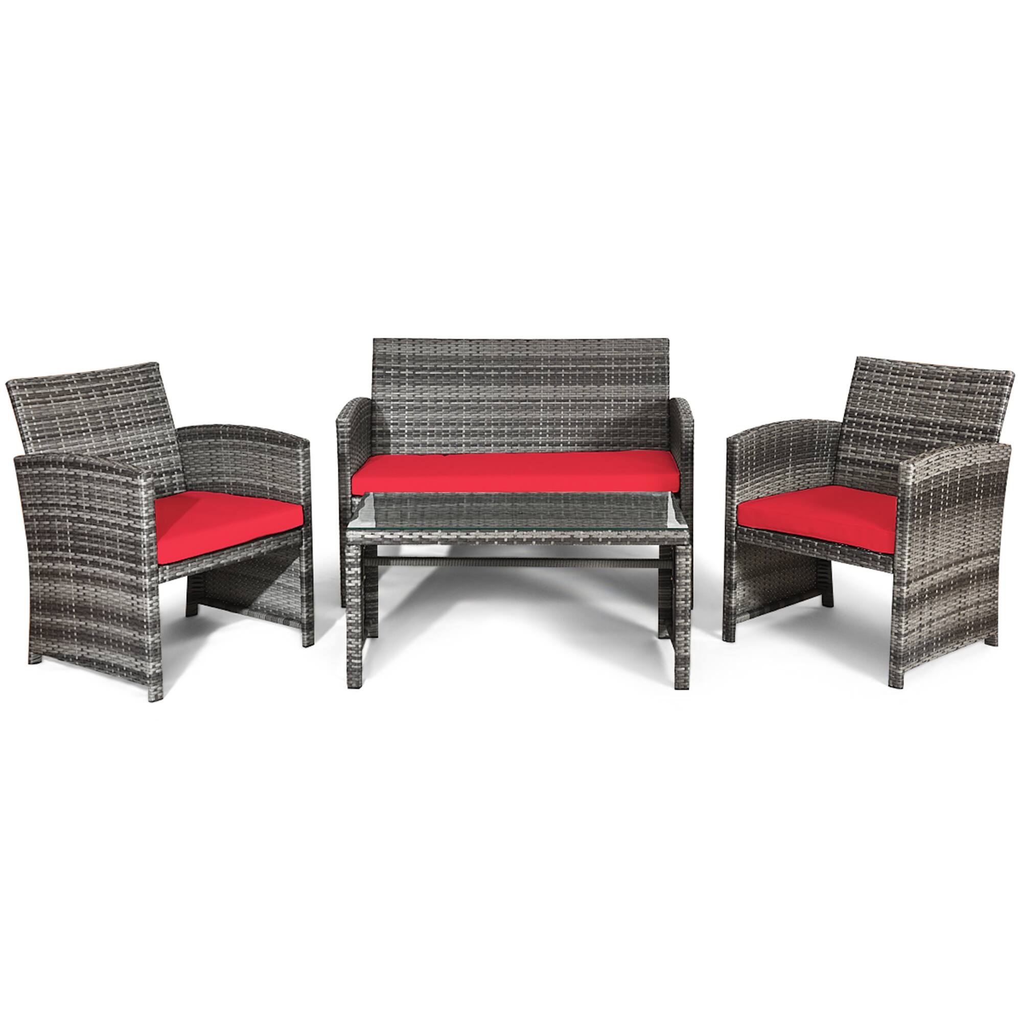 Alt View 1. Gymax - Gymax 4PCS Patio Outdoor Rattan Conversation Furniture Set w/ Red Cushion - Red.