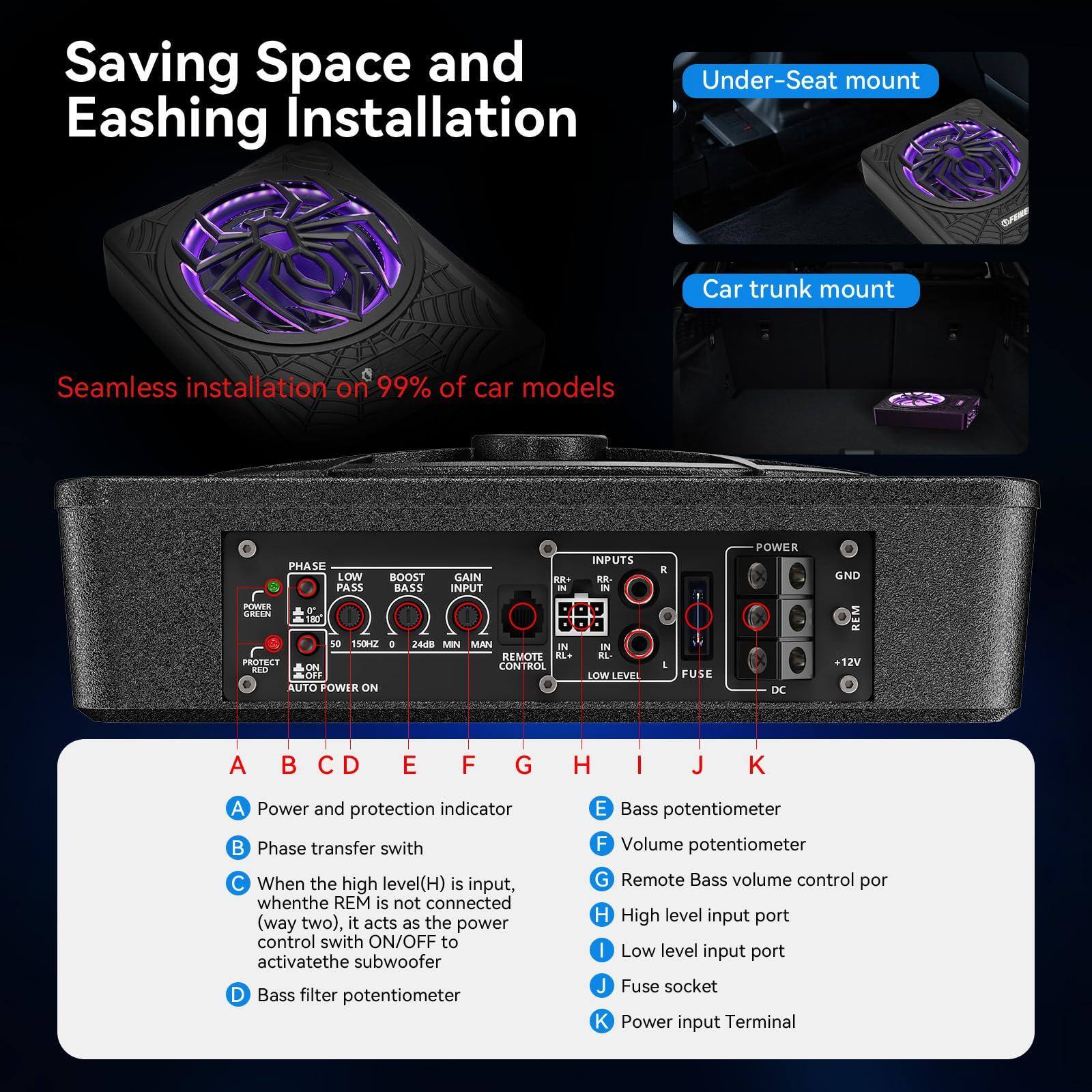 **Saving Space and Eashing Installation**

Seamless installation on 99% of car models

**Under-Seat mount**

**Car trunk mount**

---

**Inputs:**

- **A** Power and protection indicator
- **B** Phase transfer switch
- **C** When the high level(H) is input, when the REM is not connected (way two), it acts as the power control switch ON/OFF to activate the subwoofer
- **D** Bass filter potentiometer
- **E** Bass potentiometer
- **F** Volume potentiometer
- **G** Remote Bass volume control port
- **H** High level input port
- **I** Low level input port
- **J** Fuse socket
- **K** Power input Terminal

**Phase**  
**Low Boost**  
**Gain**  
**Pass**  
**Bass Input**  
**In**  
**N**  
**Paver**  
**Green**  
**A**  
**T**  
**A**  
**180**  
**s**  
**150HZ**  
**240**  
**Min**  
**Man**  
**In**  
**Kemote