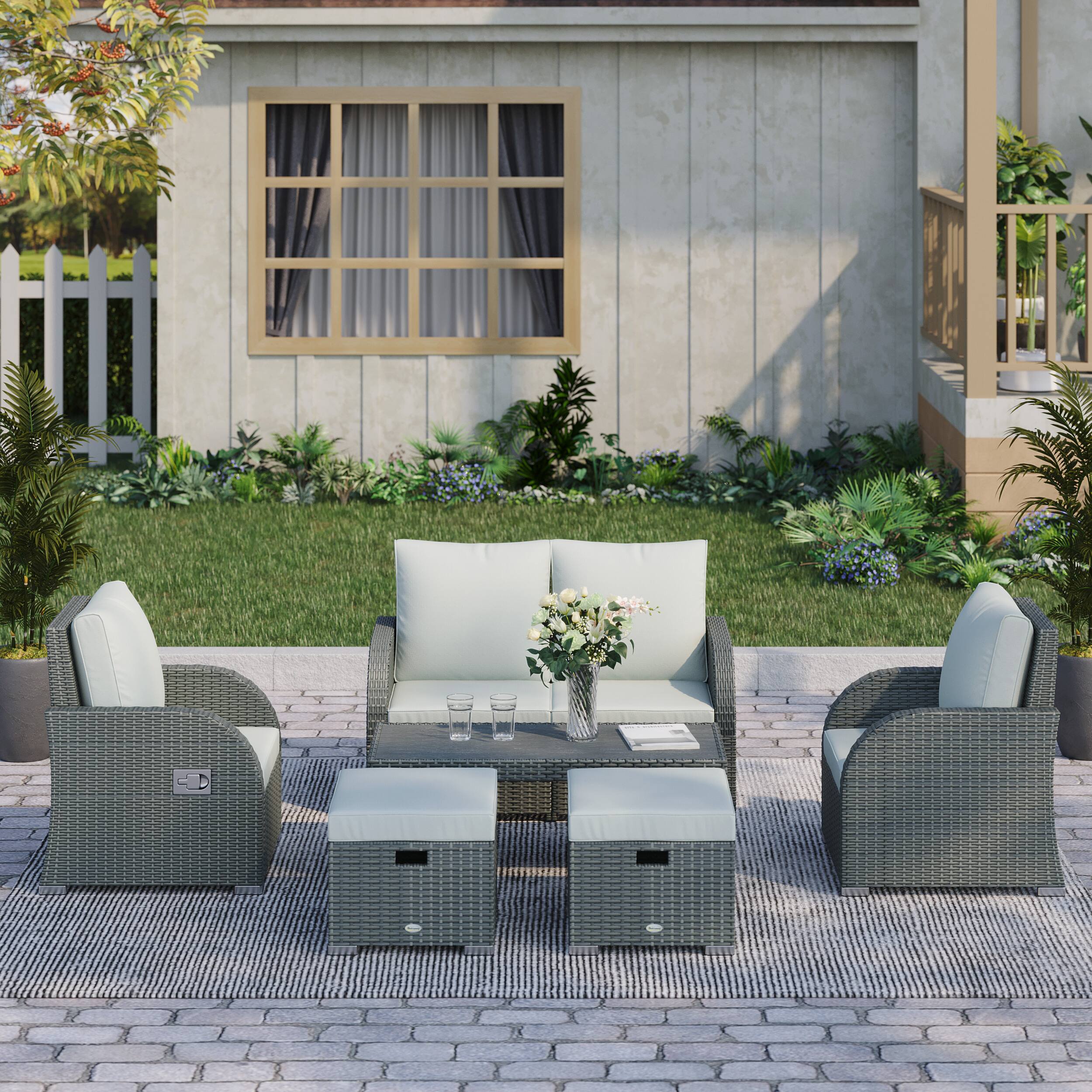 Alt View 1. Outsunny - 6-PCs Patio Furniture Sets Outdoor Wicker Sofa Set Rattan Angle Adjustable Recline Single Chair Conversation Set - Grey.