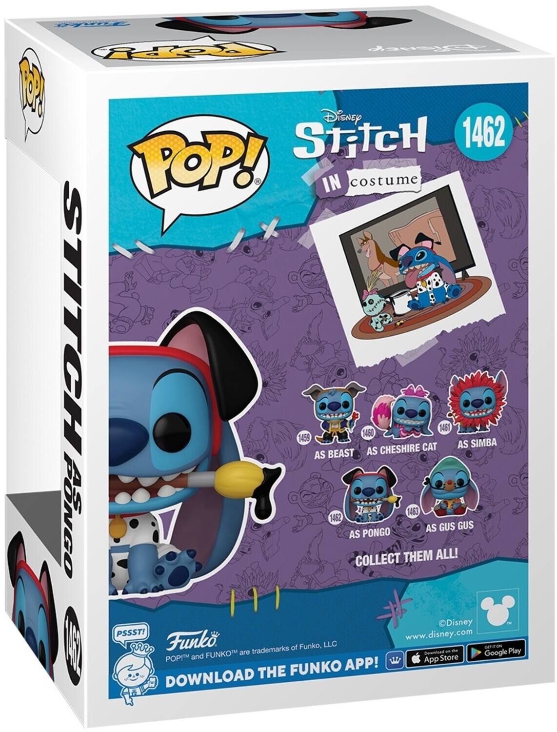 Sure, here is the corrected and grouped text from the image:

---

**Disney Stitch in costume**

**1462**

**Stitch**

**AS BEAST**  
1469

**AS CHESHIRE CAT**  
1460

**AS SIMBA**  
1461

**AS PONGO**  
1462

**AS GUS GUS**  
1463

**COLLECT THEM ALL!**

**PSSST!**  
www.disney.com

**Funko**  
POP!™ and FUNKO™ are trademarks of Funko, LLC

**DOWNLOAD THE FUNKO APP!**  
Available on the App Store and Google Play

---

This text is organized to reflect the information on the packaging, including the character variants and collection details.