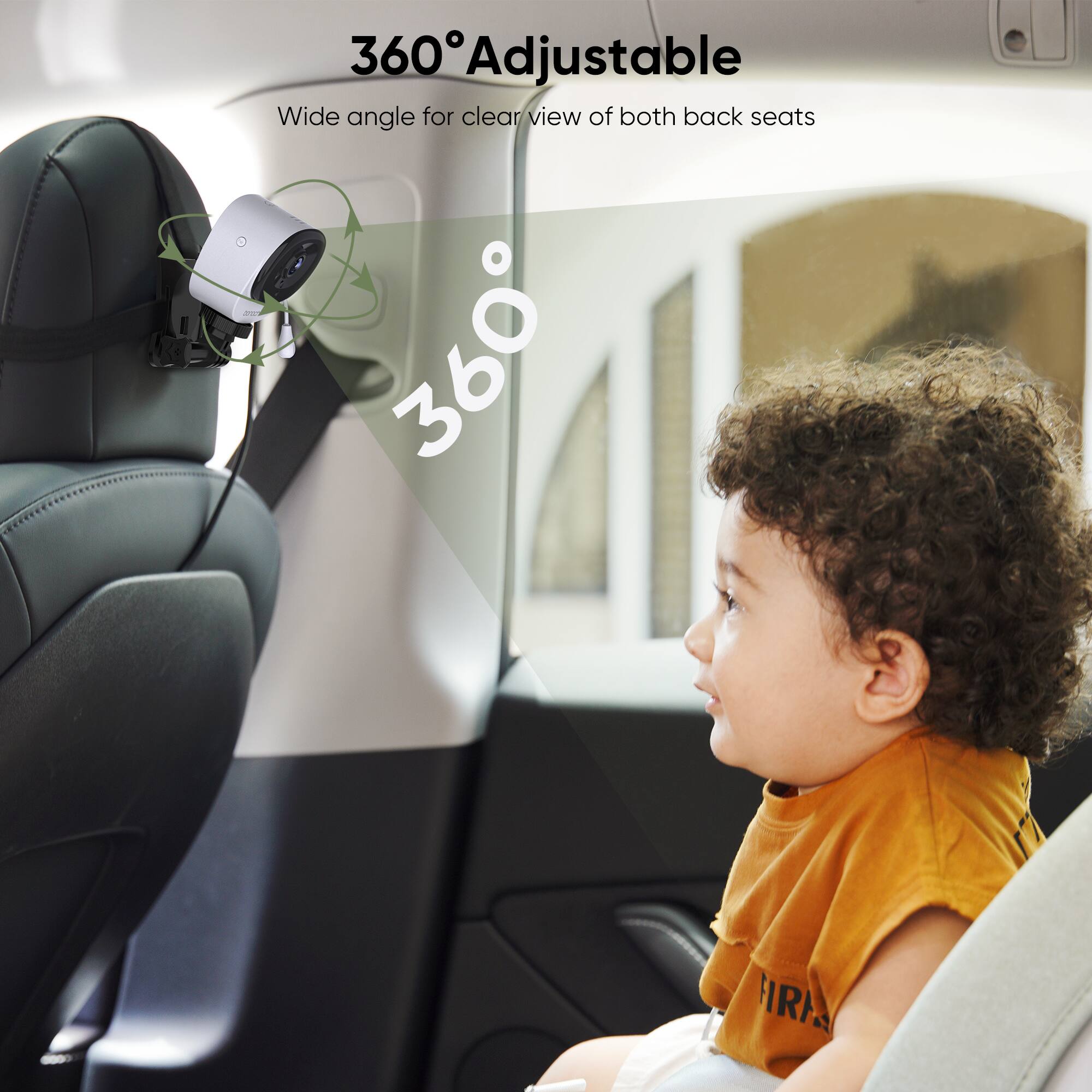 360° Adjustable, Wide angle for clear view of both back seats, 360°