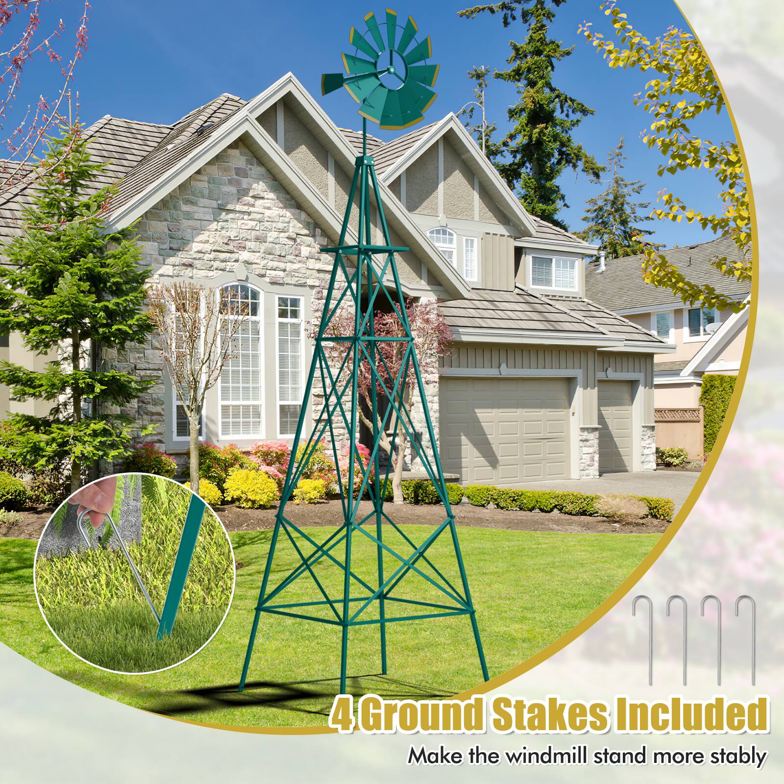 "4 Ground Stakes Included: Make the windmill stand more stably."
