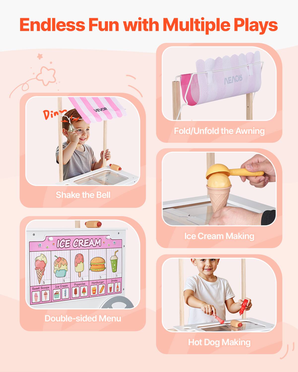 Endless Fun with Multiple Plays

- Shake the Bell
- Fold/Unfold the Awning
- Ice Cream Making
- Double-sided Menu
- Hot Dog Making