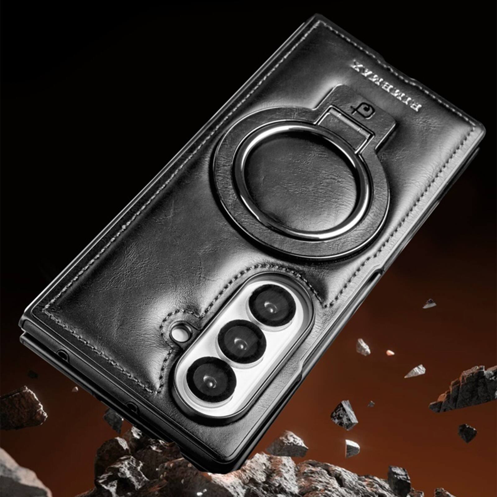 Back. Dteck - Premium Leather Shockproof Non-Slip Magnetic Invisible Ring Stand Phone Case for Samsung Galaxy Z Fold8 Ultra - Gray.