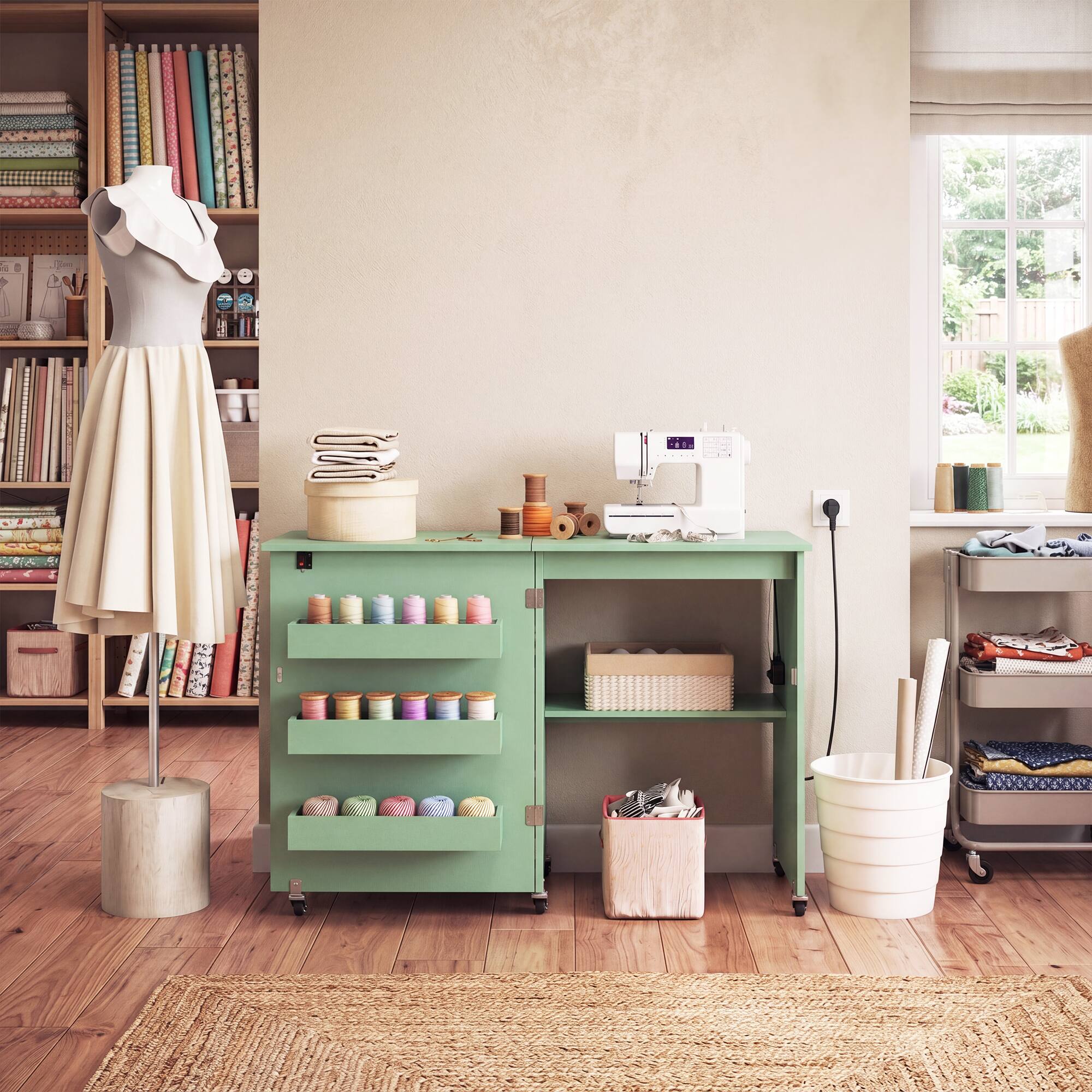 Alt View 1. Costway - Costway Folding Sewing Machine Table with Power Outlets, 3 Storage Bins & Open Shelf - Olive Green.