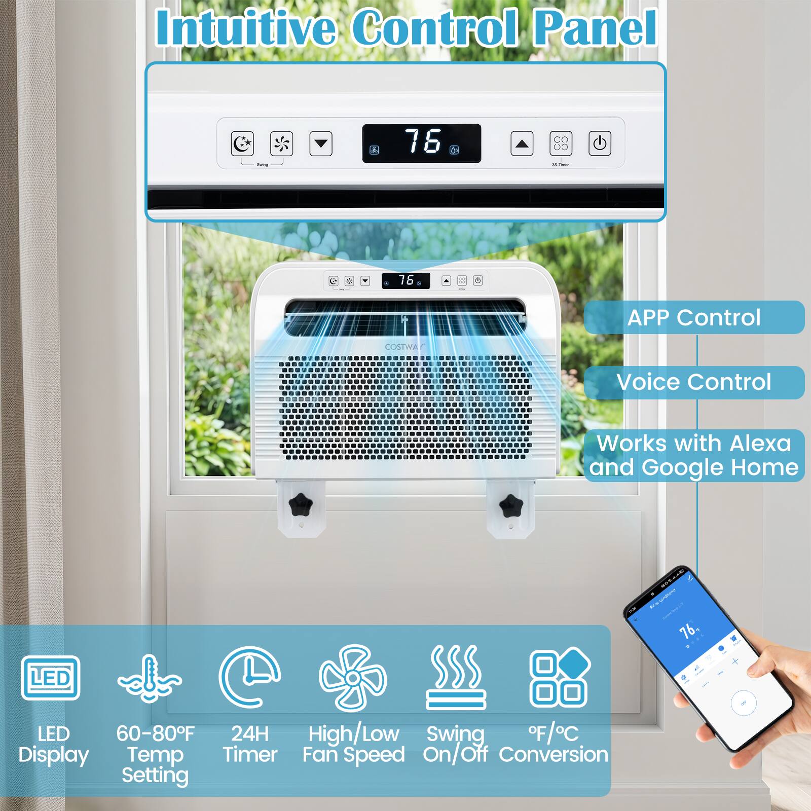 Intuitive Control Panel

- APP Control
- Voice Control
- Works with Alexa and Google Home

LED Display
60-80°F Temp Setting
24H Timer
High/Low Fan Speed
Swing On/Off
°F/°C Conversion