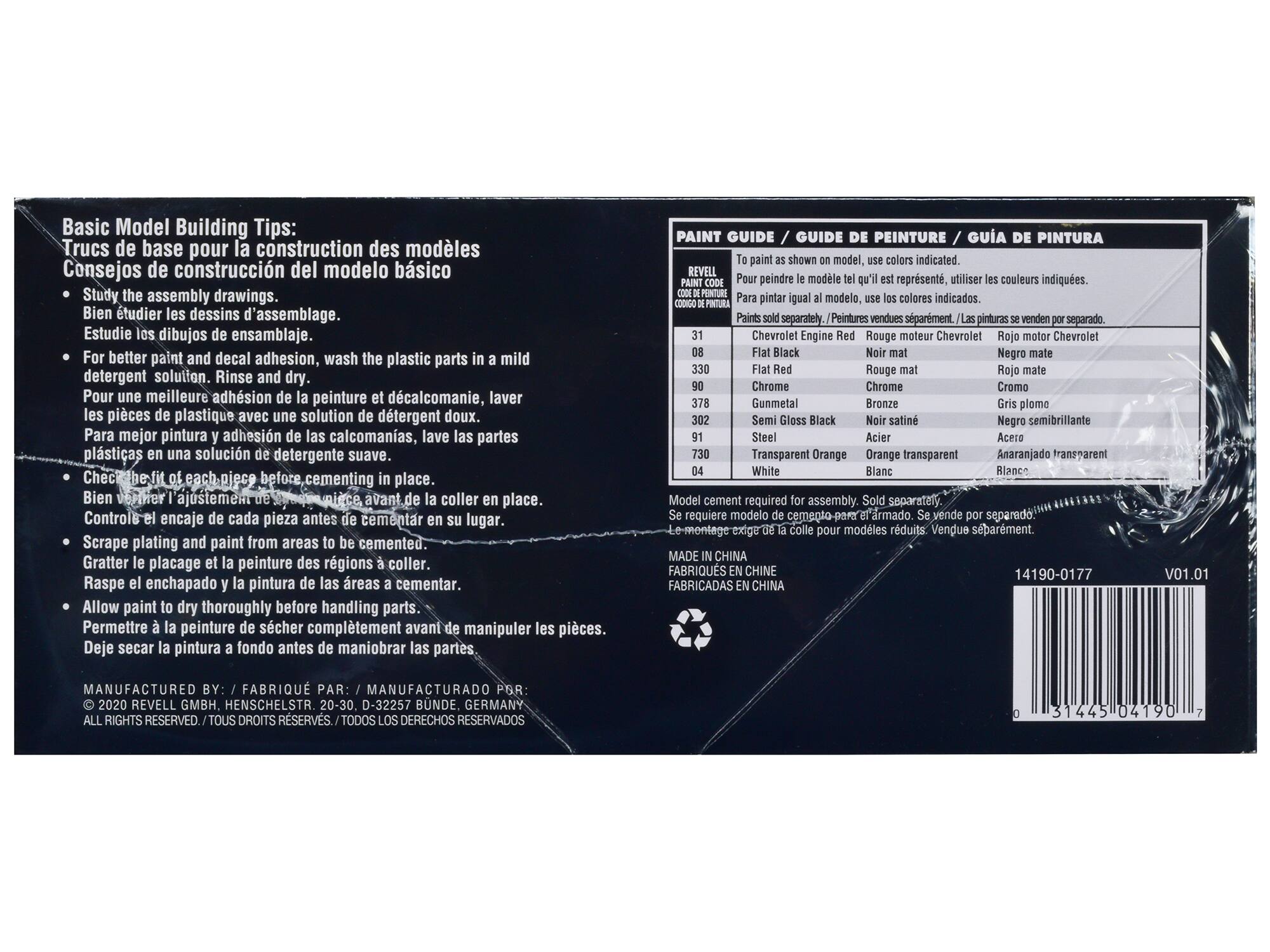 **Basic Model Building Tips:**

- Study the assembly drawings.
- For better paint and decal adhesion, wash the plastic parts in a mild detergent solution. Rinse and dry.
- Check each piece before cementing in place.
- Scrape plating and paint from areas to be cemented.
- Allow paint to dry thoroughly before handling parts.

**Trucs de base pour la construction des modèles:**

- Bien étudier les dessins d'assemblage.
- Pour une meilleure adhérence de la peinture et des décals, laver les pièces de plastique avec une solution de détergent doux. Rincer et sécher.
- Contrôler l'ajustement de chaque pièce avant de la coller en place.
- Gratter le placage et la peinture des régions à coller.
- Permettre à la peinture de sécher complètement avant de manipuler les pièces.

**Consejos de construcción del modelo básico:**

- Estudie los dibujos de ensamblaje.
- Para mejor pintura y adhesión de las calcomanías, lave las partes plásticas en una solución de detergente