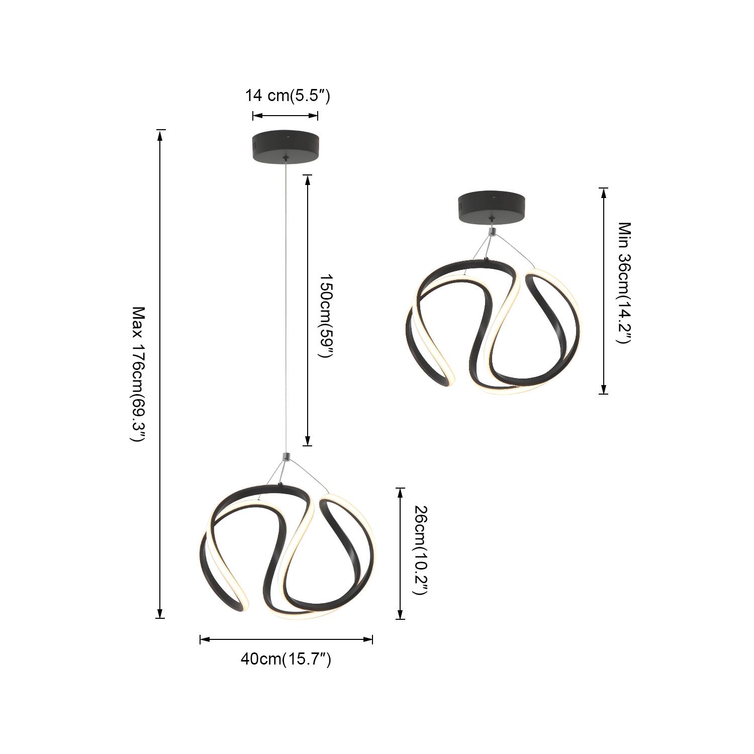 14 cm(5.5")
Max 176cm(69.3")
150cm(59")
40cm(15.7")
26cm(10.2")
Min 36cm(14.2")