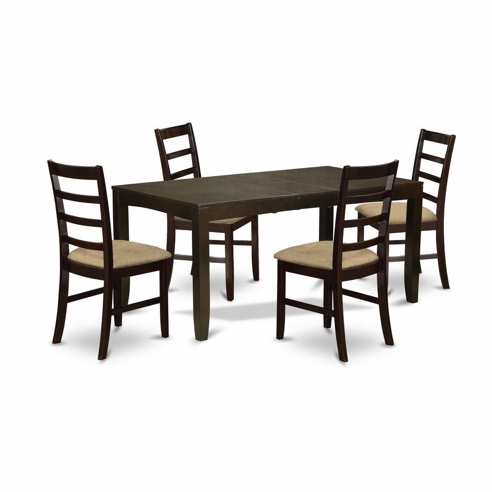 Left. East West Furniture - LYPF5-CAP-C 5 Pc Dining room set for 4-Table with Leaf and 4 Chairs for Dining room - Cappuccino.