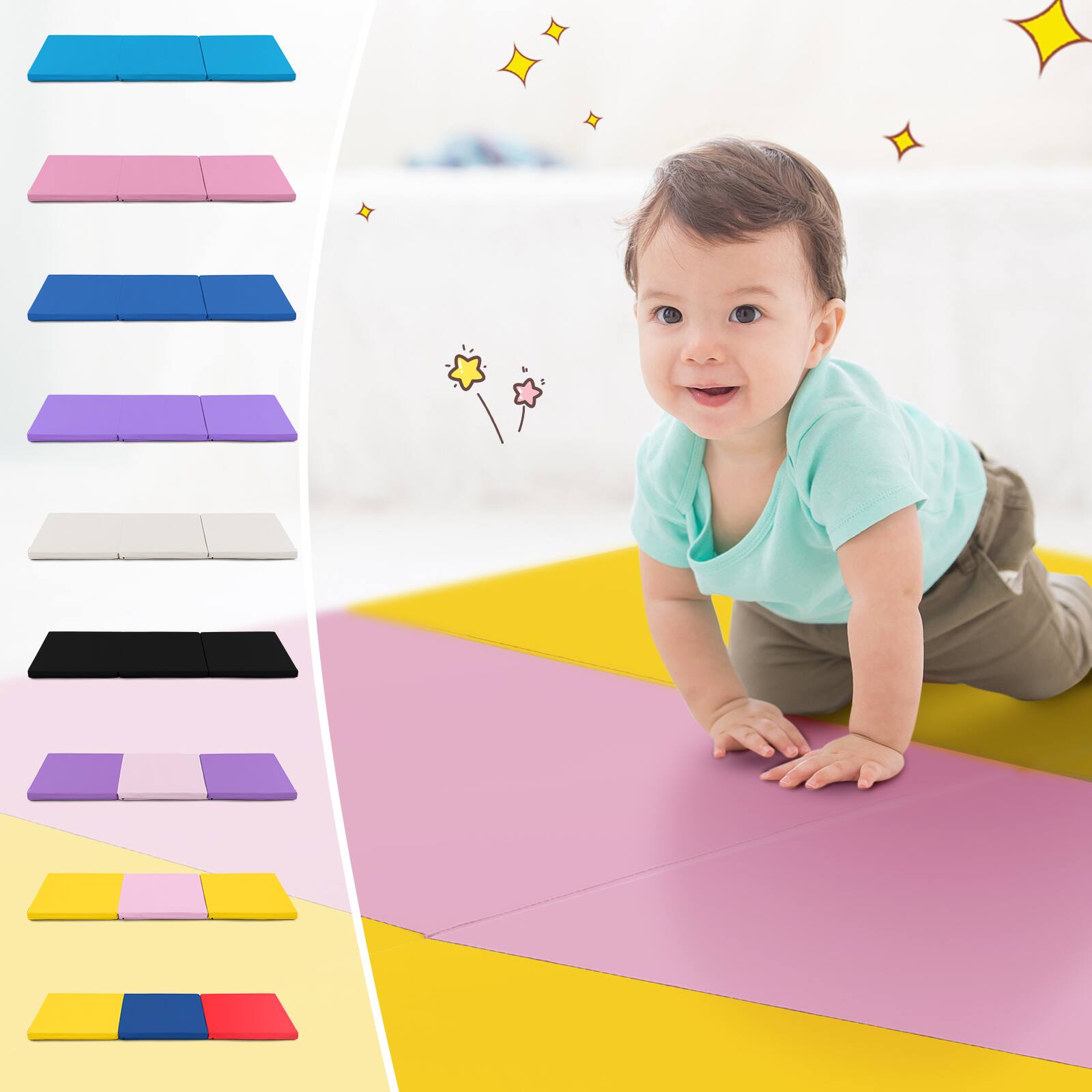 Alt View 3. Costway - Costway Tri-Fold Folding Exercise Mat 6 ft x 2 ft Portable Gymnastics Tumbling Yoga - Yellow,Pink.