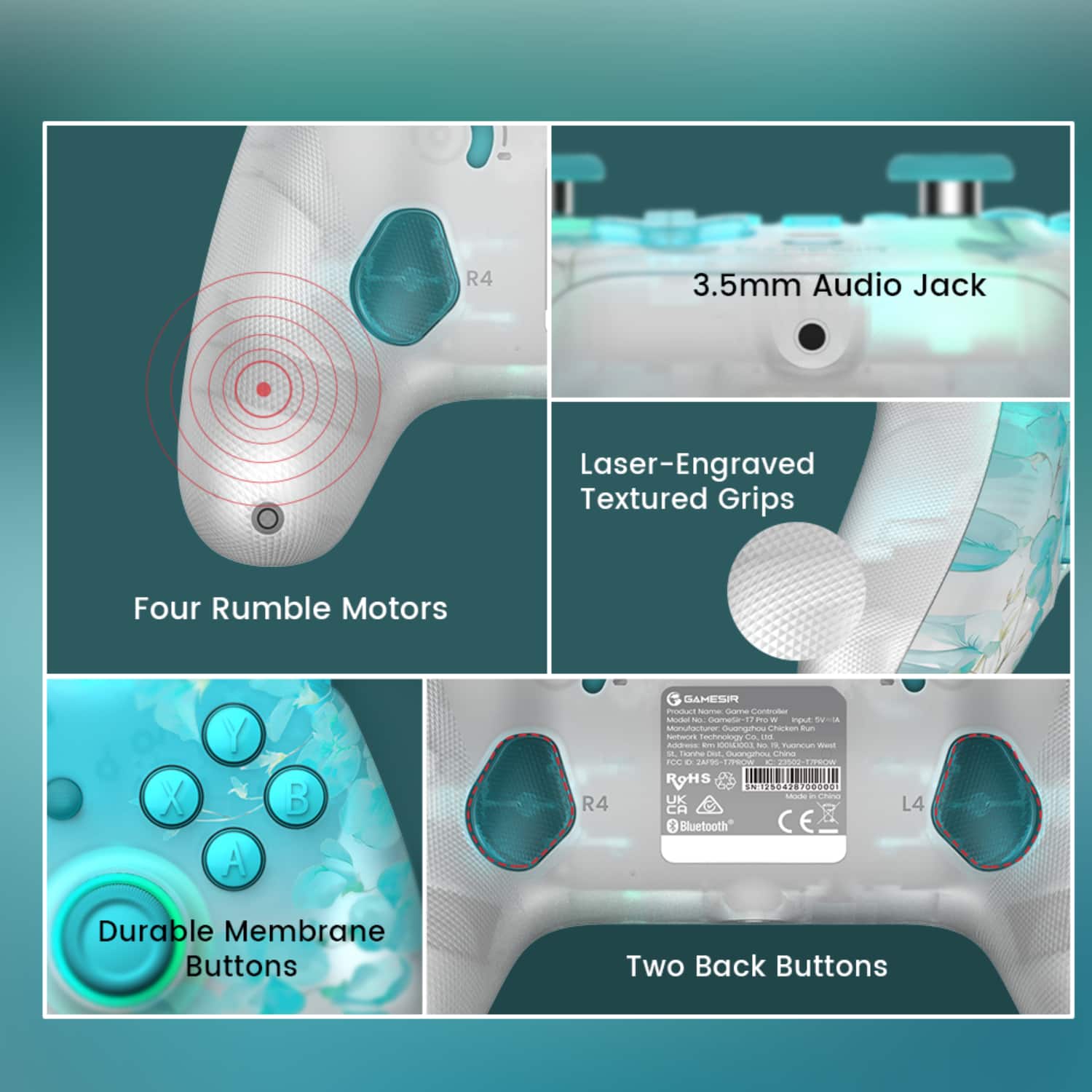 The image features a white video game controller with a variety of features and descriptions. The controller has a 3.5mm audio jack and laser-engraved textured grips. It also has four rumble motors, which are labeled X, Y, A, and B. The controller is made by Gamesir and has a CE marking. The controller has a durable membrane with two back buttons. The image also shows the controller's internal components, including the R4 chip.