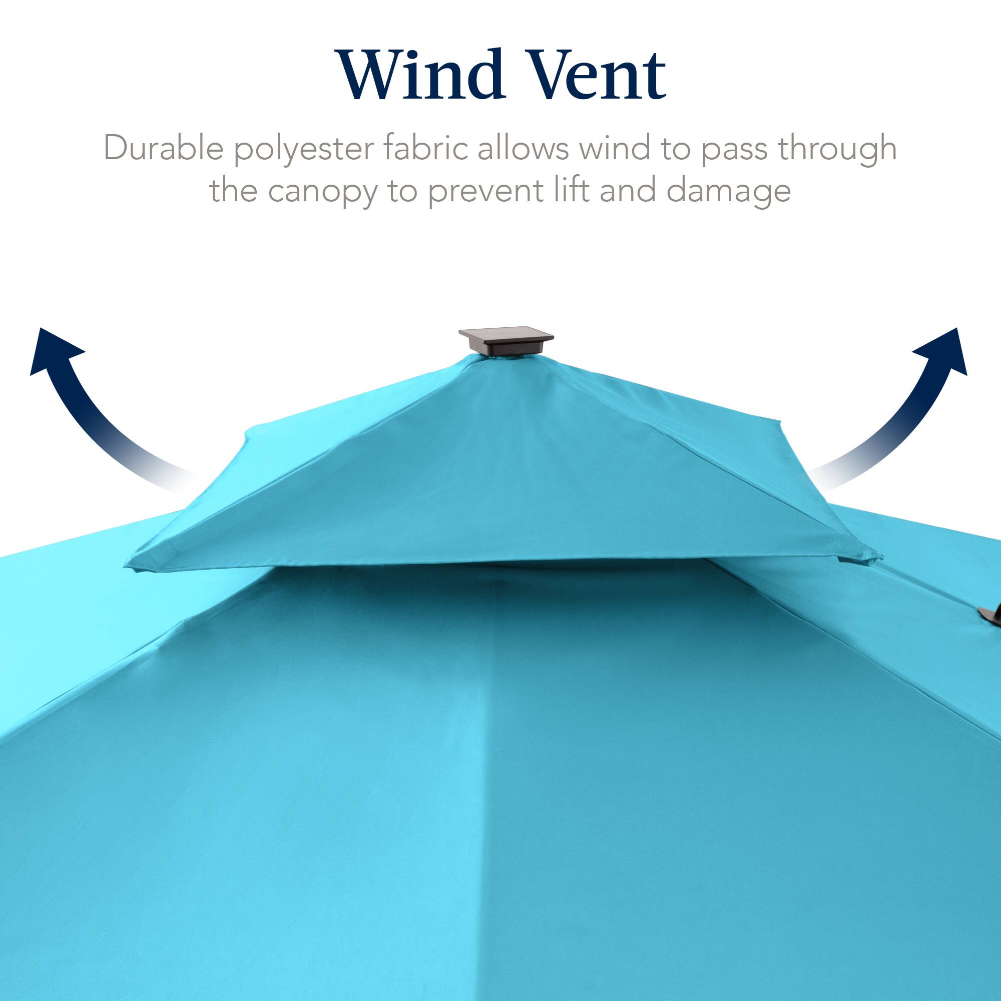 Wind Vent  
Durable polyester fabric allows wind to pass through the canopy to prevent lift and damage