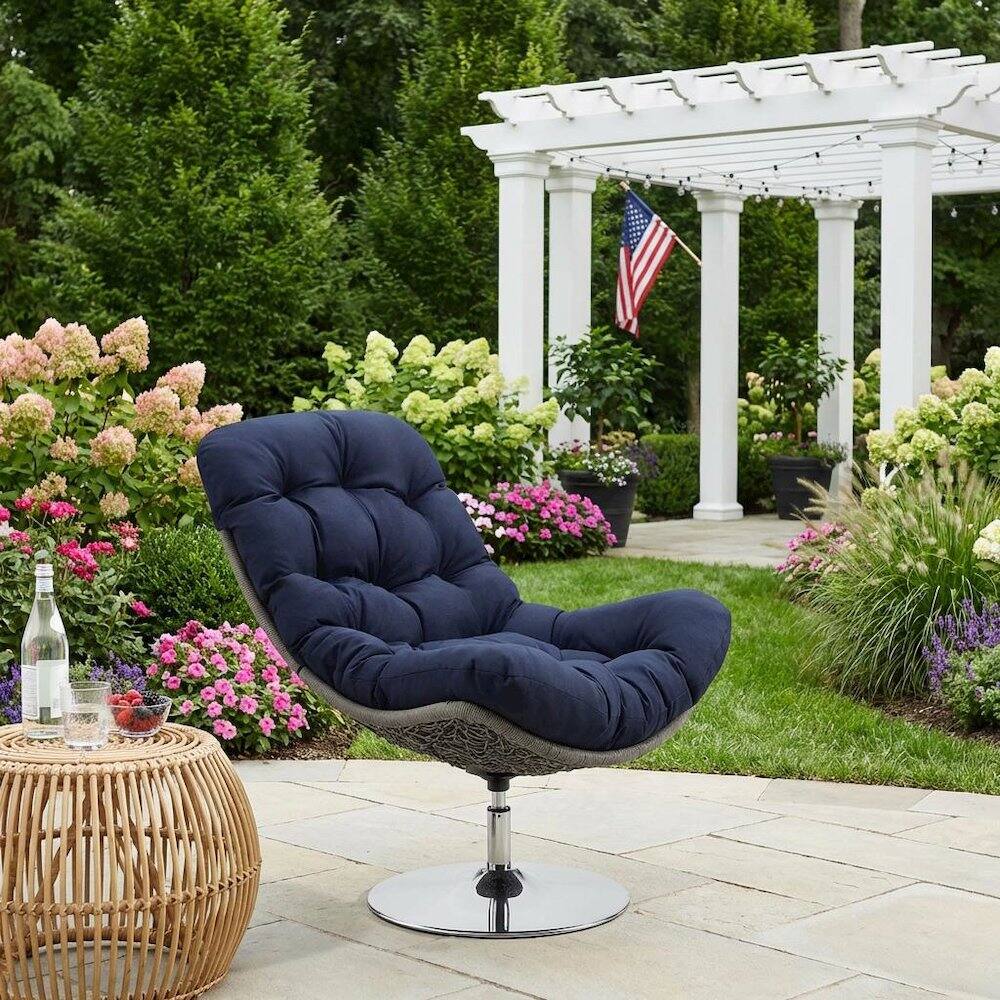 Left. Outdoor Escape - Wicker Rattan Outdoor Swivel Lounge Chair With Cushioned Seat - Blue.