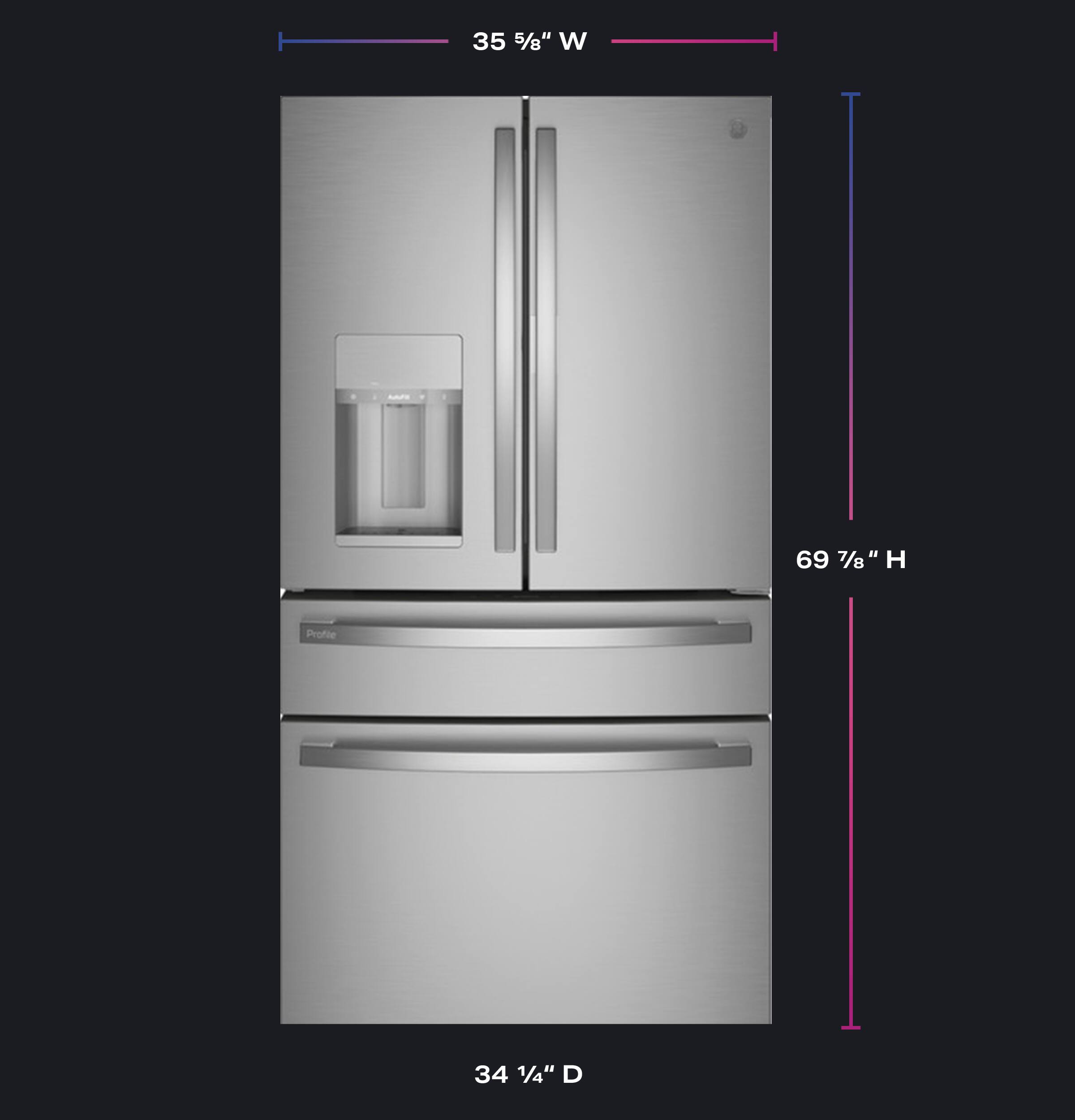 The text on the image reads: "35 5/8" W 69 7/8" H Profie 34 1/4" D." This can be grouped and corrected as follows:

"35 5/8" W x 69 7/8" H x 34 1/4" D"

This description indicates that the refrigerator is 35 5/8 inches wide, 69 7/8 inches high, and 34 1/4 inches deep.