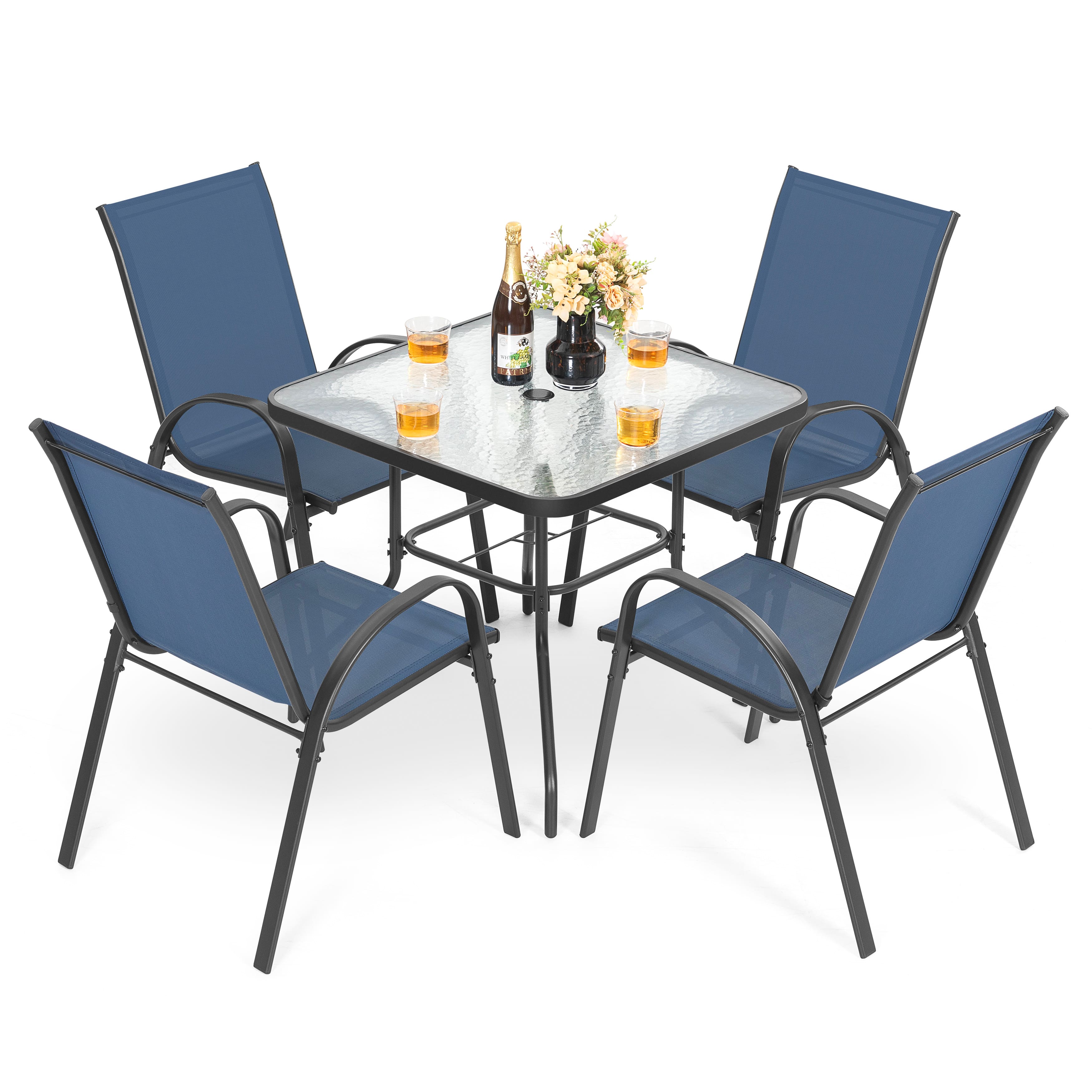 Nuu Garden - 5-Piece Metal and Textilene Outdoor Dining Set, 4 Stackable Chairs and Tempered Glass Table with Umbrella Hole - Blue and Transparent