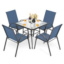 Nuu Garden - 5-Piece Metal and Textilene Outdoor Dining Set, 4 Stackable Chairs and Tempered Glass Table with Umbrella Hole - Blue and Transparent