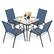 Front. Nuu Garden - 5-Piece Metal and Textilene Outdoor Dining Set, 4 Stackable Chairs and Tempered Glass Table with Umbrella Hole - Transparent and Blue.