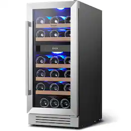 Yeego - 15 inch Wine Cooler Refrigerator Dual-zone 28-Bottle for Home Bar, - Stainless Steel