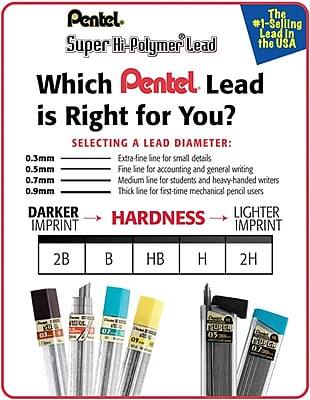 Pentel  
Super Hi-Polymer Lead  
The #1-Selling Lead in the USA  

Which Pentel Lead is Right for You?  

SELECTING A LEAD DIAMETER:  
0.3mm - Extra-fine line for small details  
0.5mm - Fine line for accounting and general writing  
0.7mm - Medium line for students and heavy-handed writers  
0.9mm - Thick line for first-time mechanical pencil users  

DARKER IMPRINT  
2B  
B  
HB  

HARDNESS  
HB  
H  
2H  

LIGHTER IMPRINT