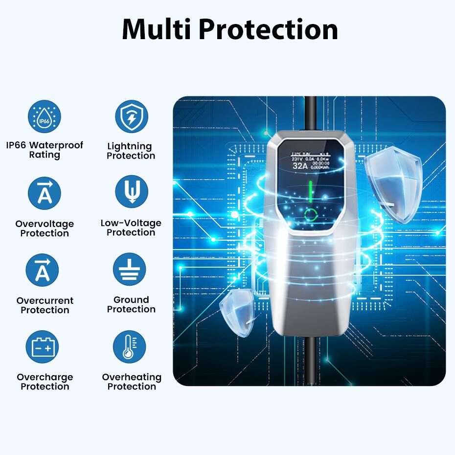Multi Protection  
IP66 Waterproof  
Lightning Rating Protection  
231V 0DA 00-09 32A  
Overvoltage Protection  
Low-Voltage Protection  
Overcurrent Protection  
Ground Protection  
Overcharge Protection  
Overheating Protection