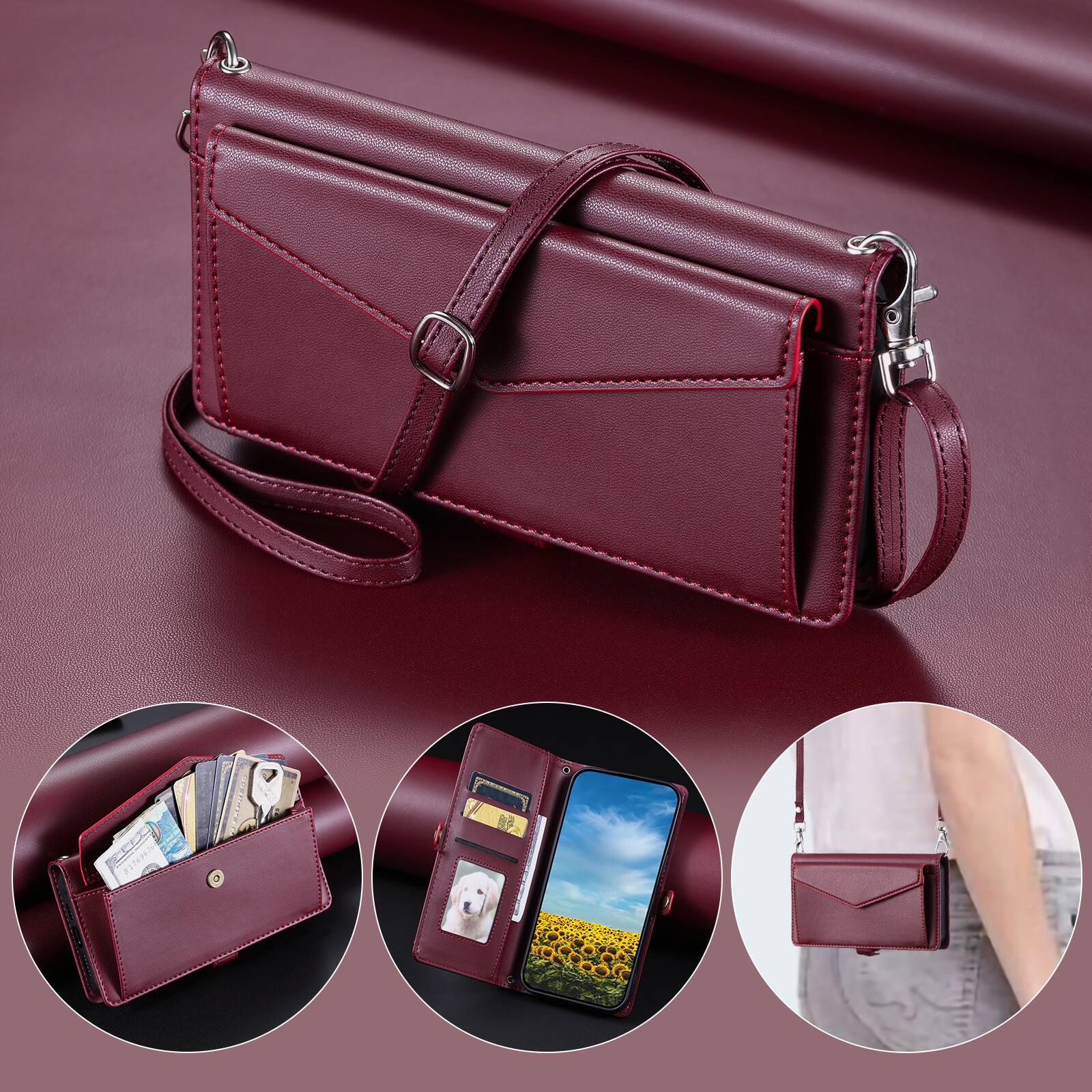 Alt View 2. Dteck - Foilo Wallet Case for Google Pixel 10 Pro XL,Shockproof Card Holder PU Leather Magnetic Snap Phone Cover with Lanyard - Winered.