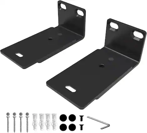 The image shows two black metal brackets with holes for screws and bolts. Below the brackets, there are various screws, bolts, and washers. The text on the image is not visible, so I cannot provide corrections or groupings based on text. If you have specific text you need help with, please provide it.