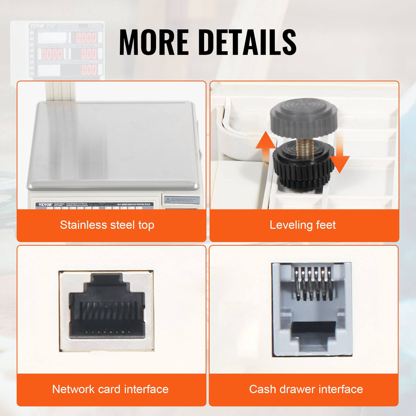 - Stainless steel top
- Leveling feet
- Network card interface
- Cash drawer interface