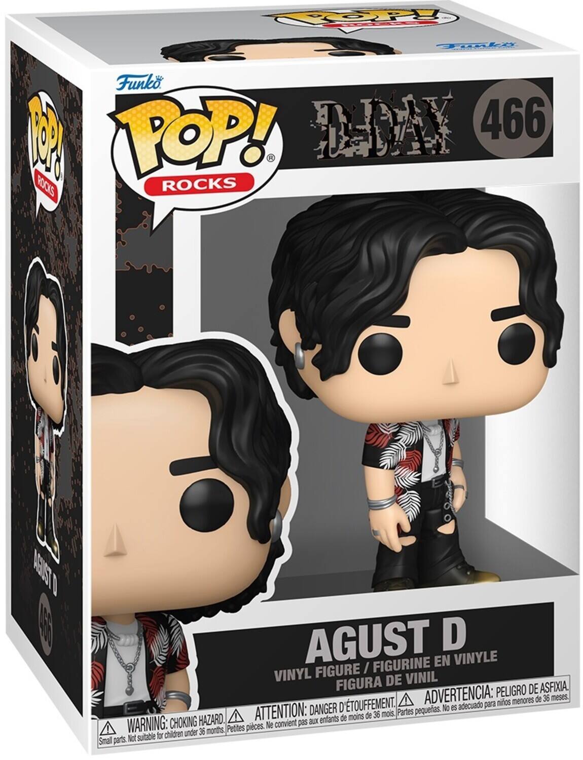 Sure, here is the corrected and grouped text from the image:

---

**Funko POP! ROCKS**

**D-DAY 466**

**AGUST D**

VINYL FIGURE / FIGURINE EN VINYLE / FIGURA DE VINIL

**WARNING: CHOKING HAZARD.** Small parts. Not suitable for children under 36 months.  
**ATTENTION: DANGER D'ÉTOUFFEMENT.** Petites pièces. Ne convient pas aux enfants de moins de 36 mois.  
**ADVERTENCIA: PELIGRO DE ASFIXIA.** Partes pequeñas. No es adecuado para niños menores de 36 meses.

---

This text is organized to reflect the information on the packaging.