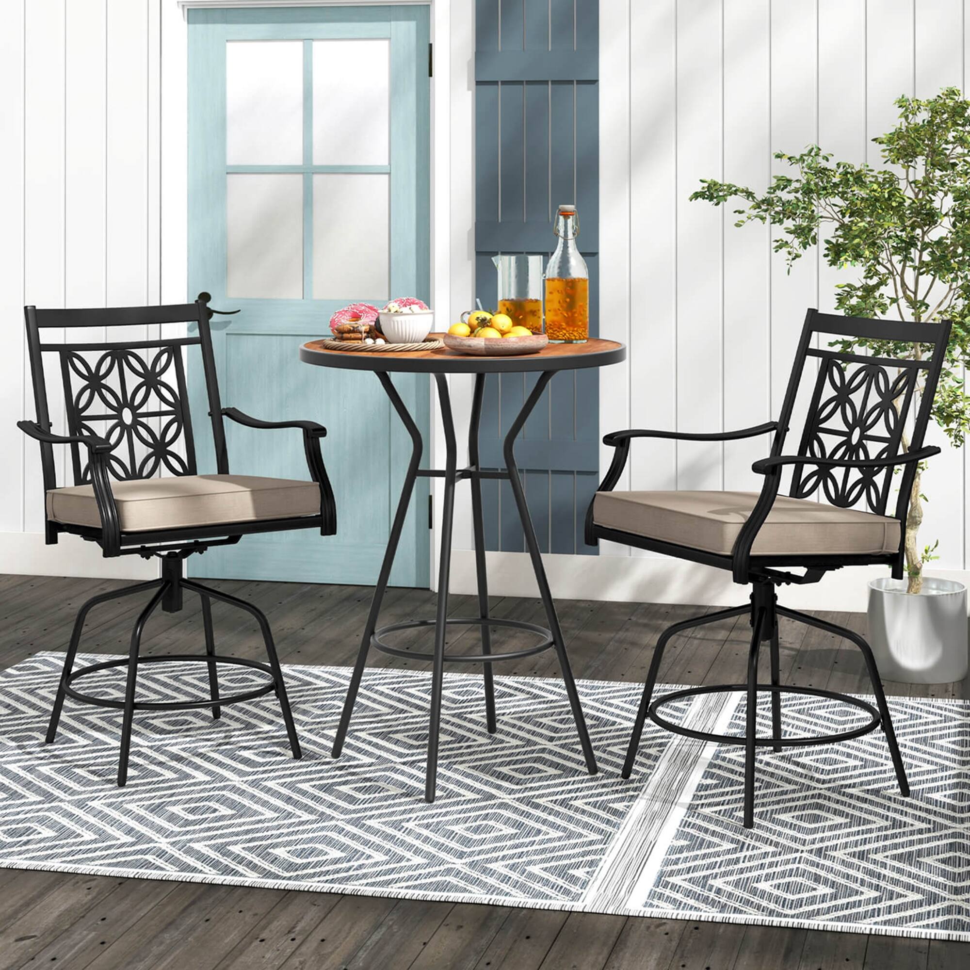 Costway - Outdoor 360°Swivel Bar Stools Set of 2 with Seat Cushions High Back & Armrests - Brown,Black