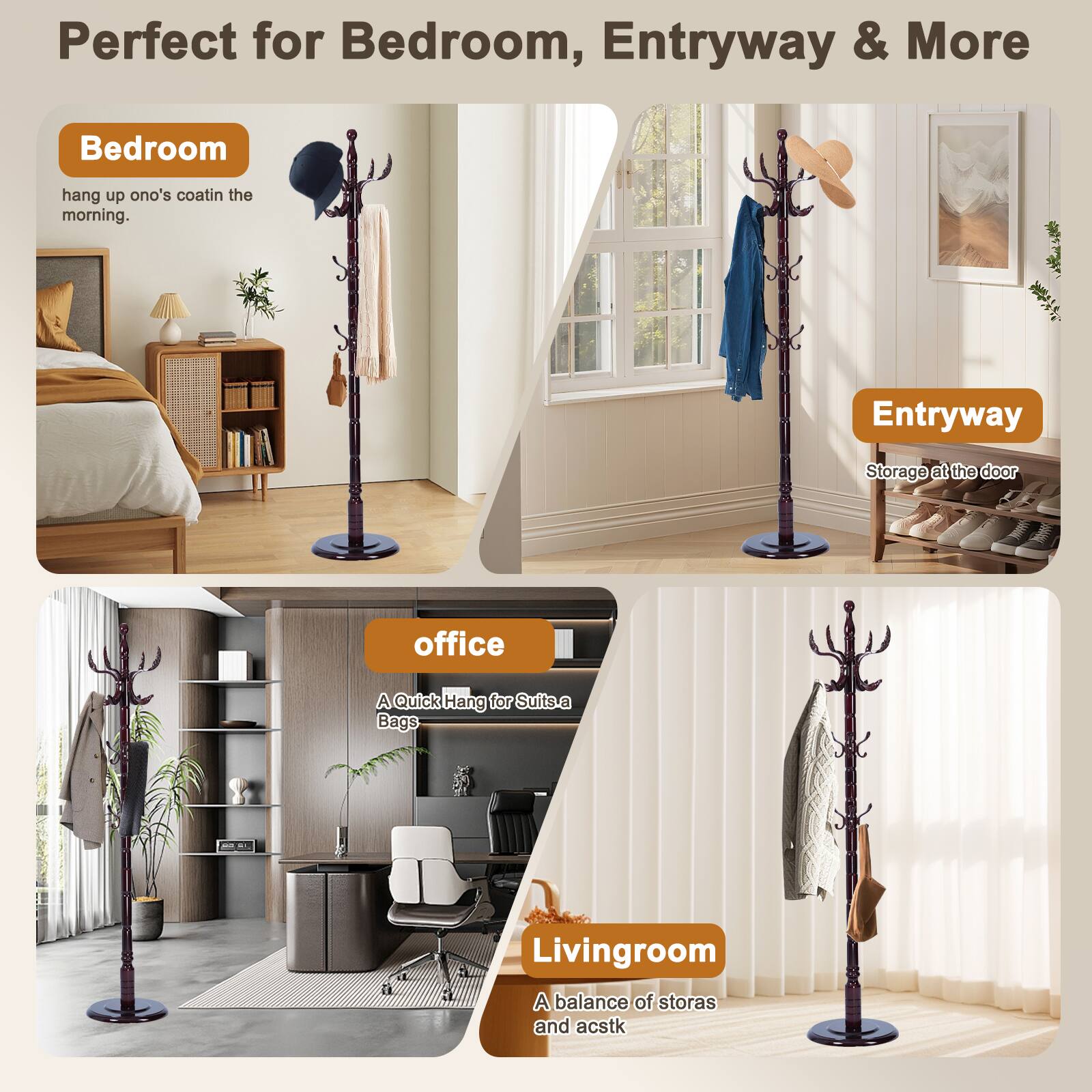 Alt View 5. Chateau Abodes - Solid Wood Coat Rack, Free Standing Hall Coat Tree with 14Hooks, 3 Height Options, 300lbs Load, Stury Base - Wooden Phoenix Hook.