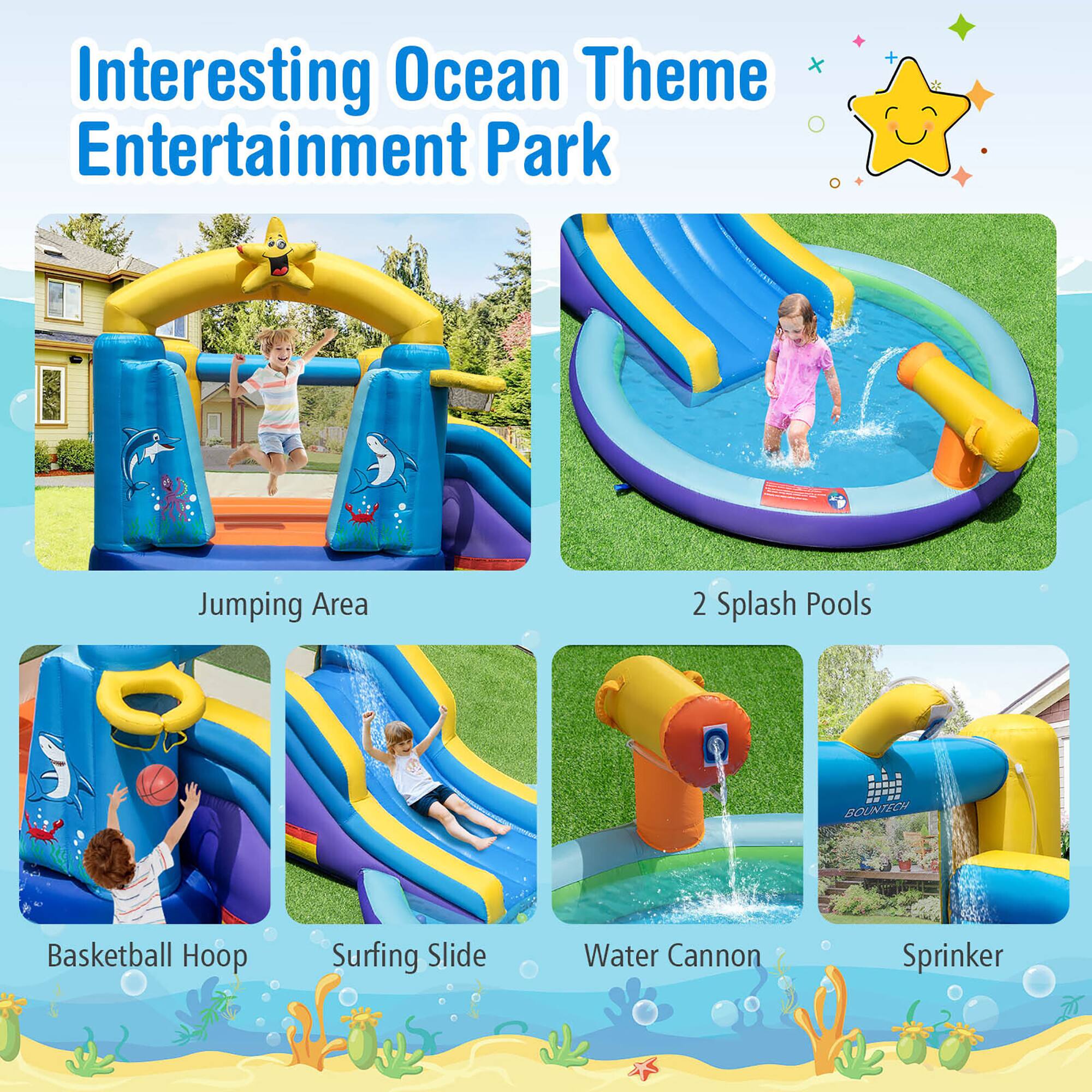 Interesting Ocean Theme Entertainment Park

- Jumping Area
- 2 Splash Pools
- Basketball Hoop
- Surfing Slide
- Water Cannon
- Sprinkler