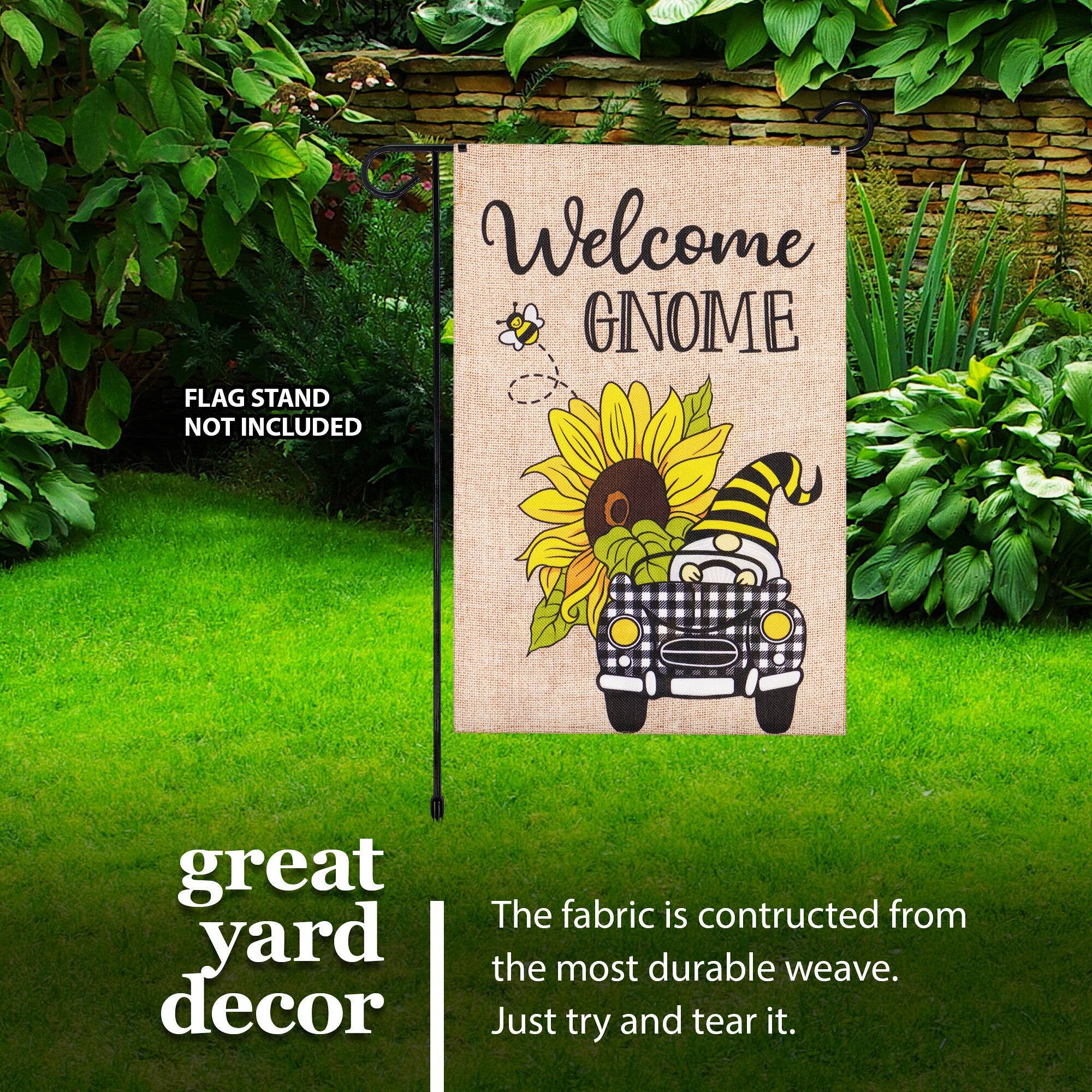 Welcome GNOME FLAG STAND NOT INCLUDED great yard decor The fabric is constructed from the most durable weave. Just try and tear it.