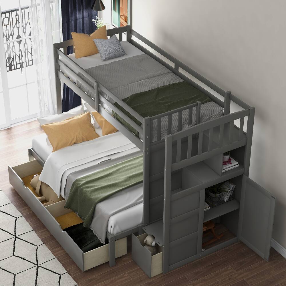 Left. Loheer - Loheer Twin over Full Bunk Bed with Stairs and Storage Drawers Gray - Gray.