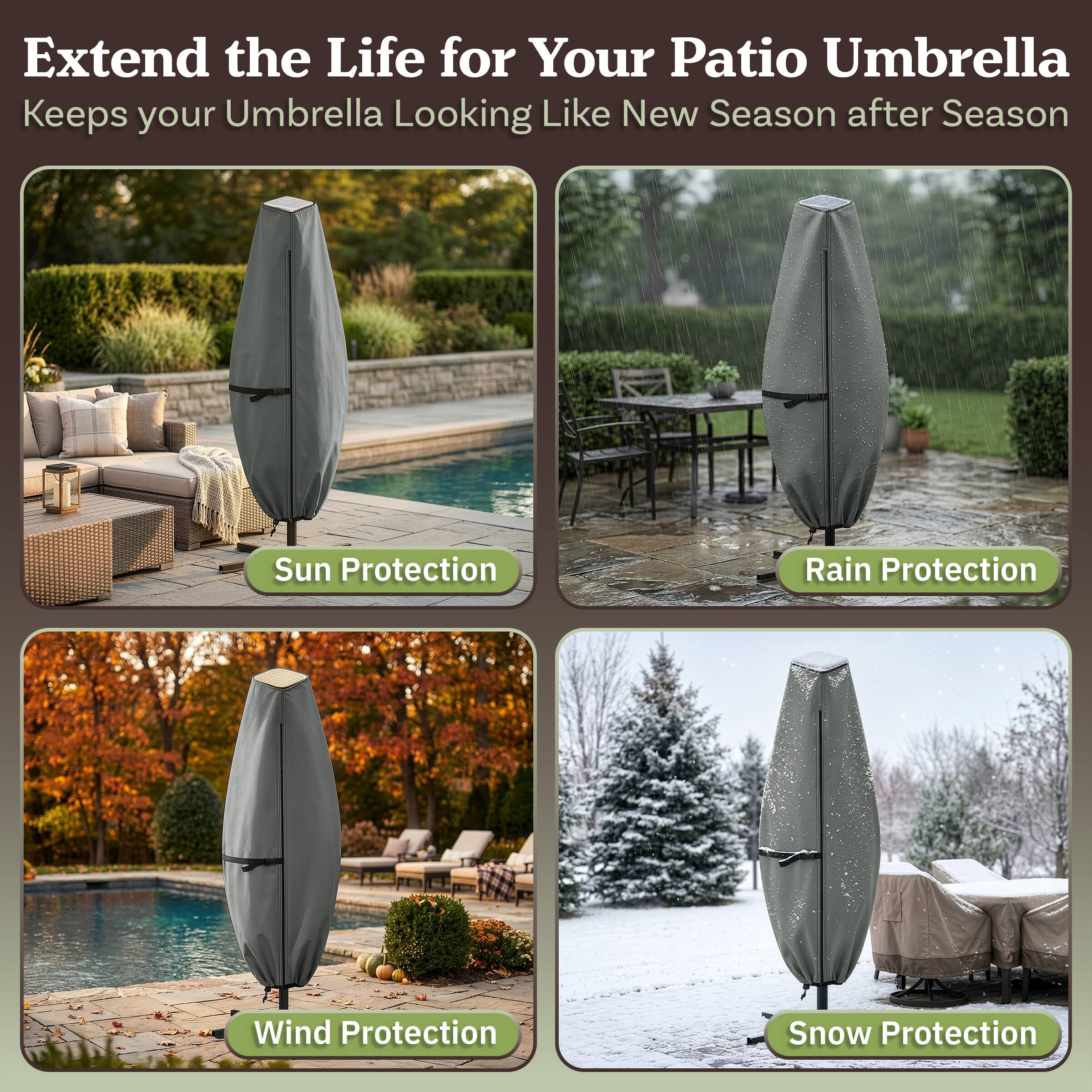 Extend the Life for Your Patio Umbrella  
Keeps your Umbrella Looking Like New Season after Season  

- Sun Protection  
- Rain Protection  
- Wind Protection  
- Snow Protection