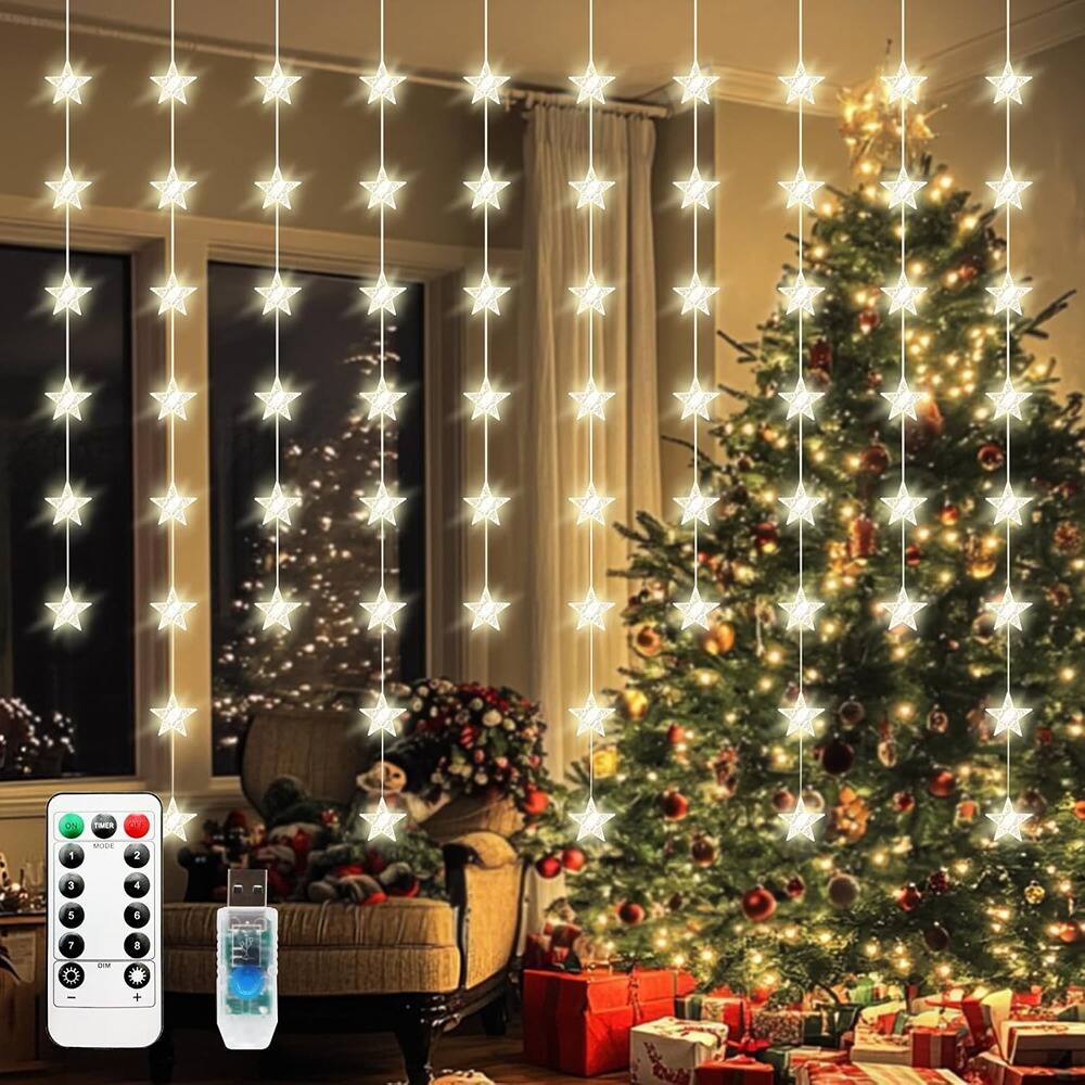 MOSZAR LLC - Star Curtain Lights, Warm White 70-Star, Remote-Controlled Twinkle Decor