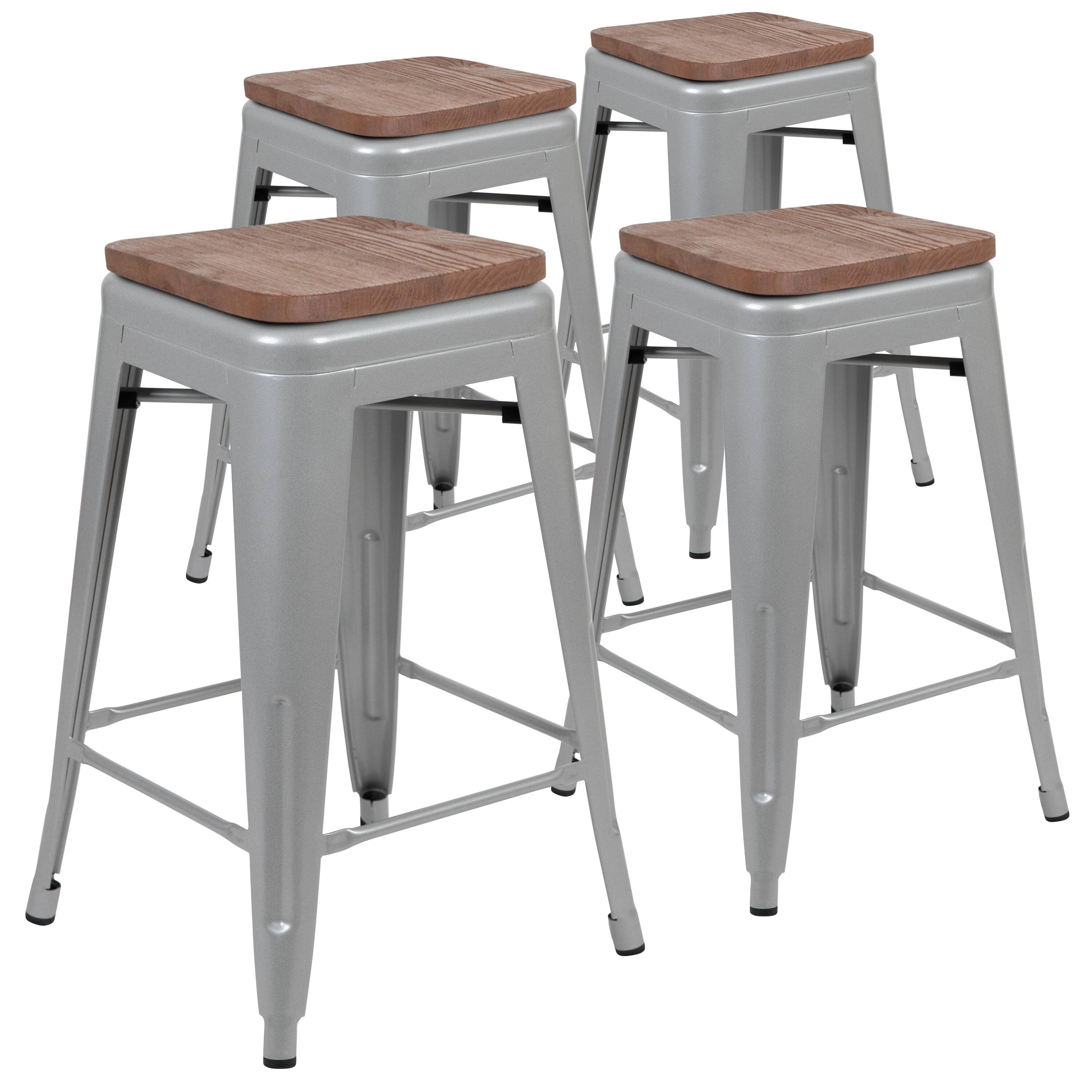 Alt View 1. Emma + Oliver - 24" High Metal Counter-Height, Indoor Bar Stool with Wood Seat - Stackable Set of 4 - Silver.