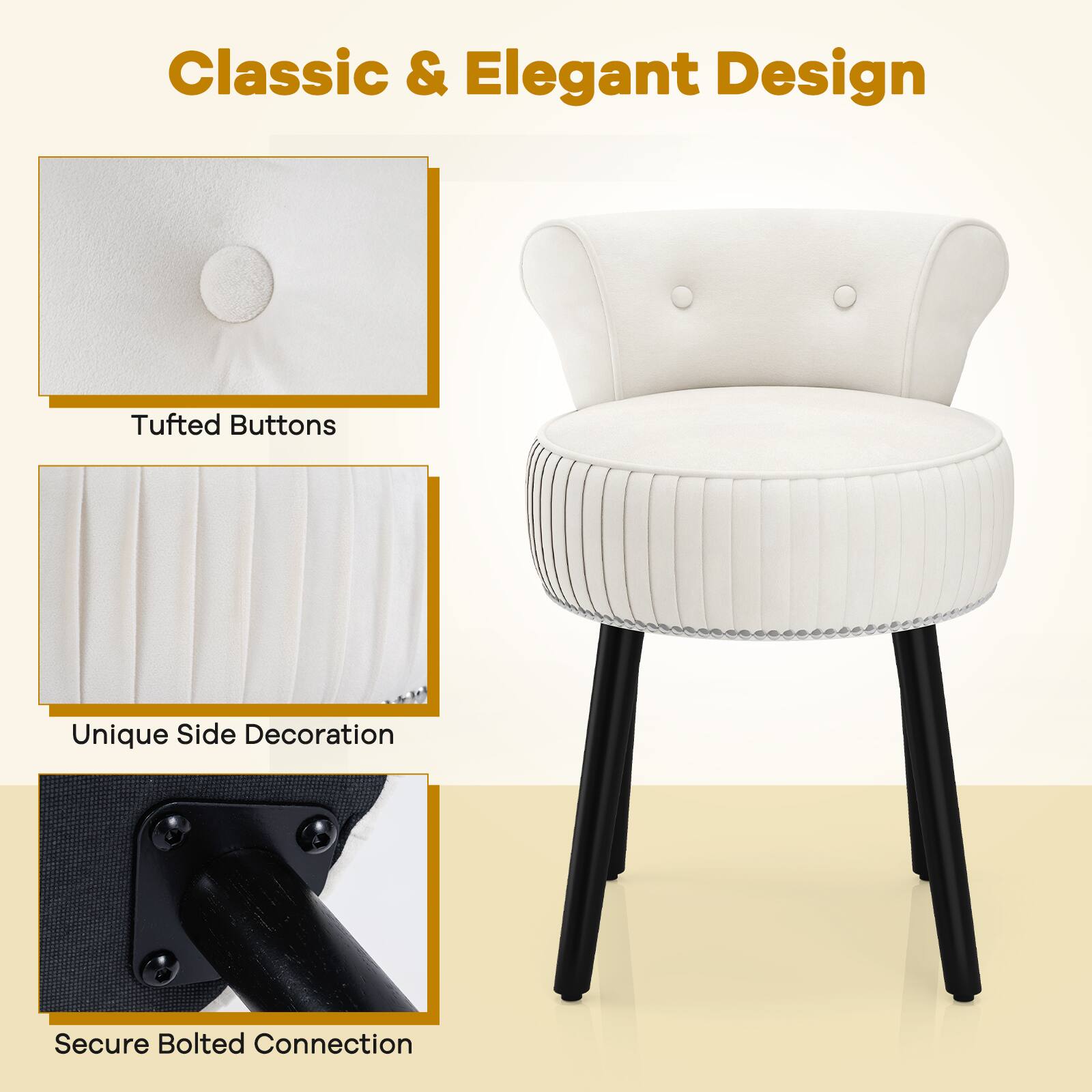 Classic & Elegant Design

- Tufted Buttons
- Unique Side Decoration
- Secure Bolted Connection
